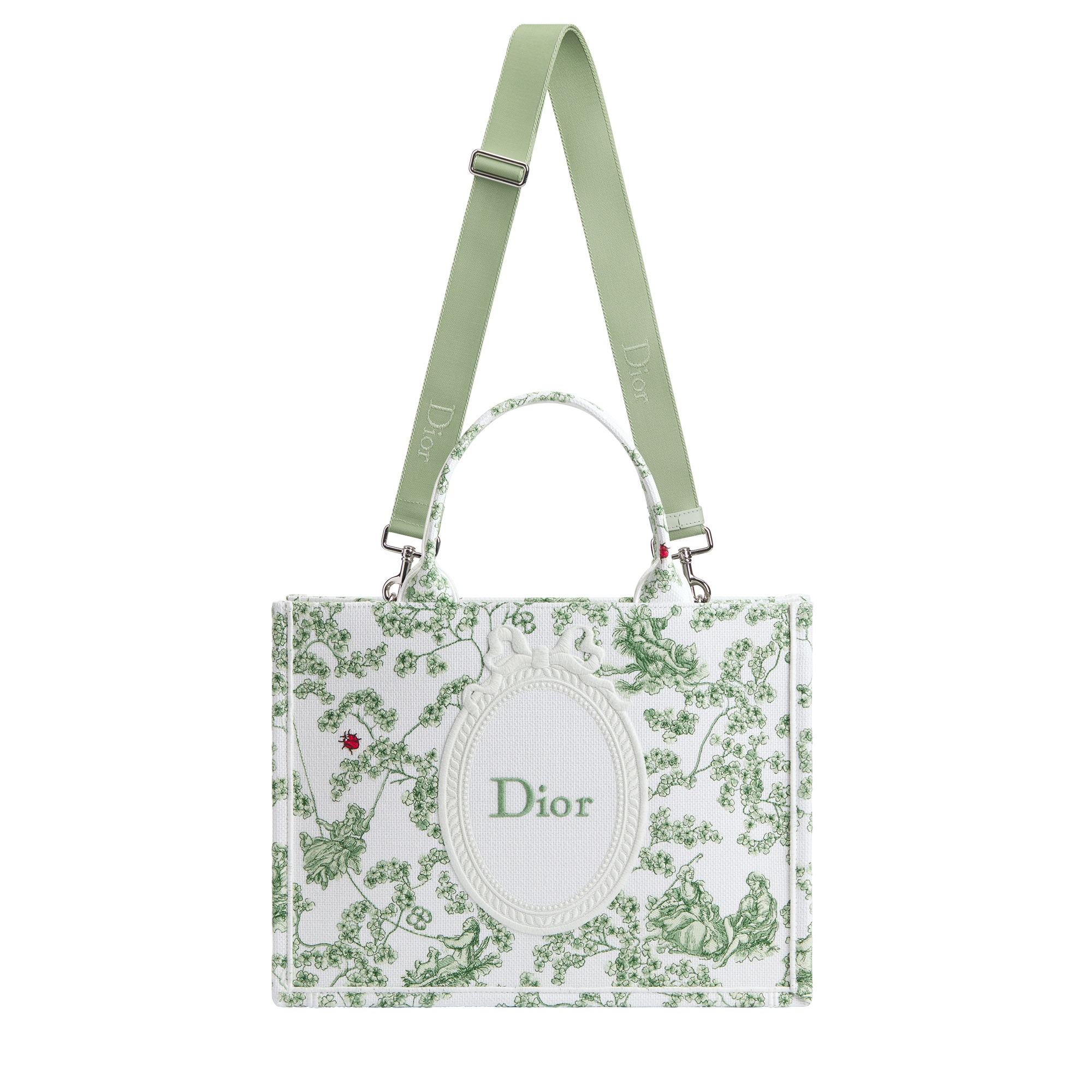 Middelgrote Dior Book Tote met schouderband Groen veelkleurig Toile de Jouy Clover-borduursel en wit Dior Médaillon (36 x 27,5 x 16,5 cm) E07