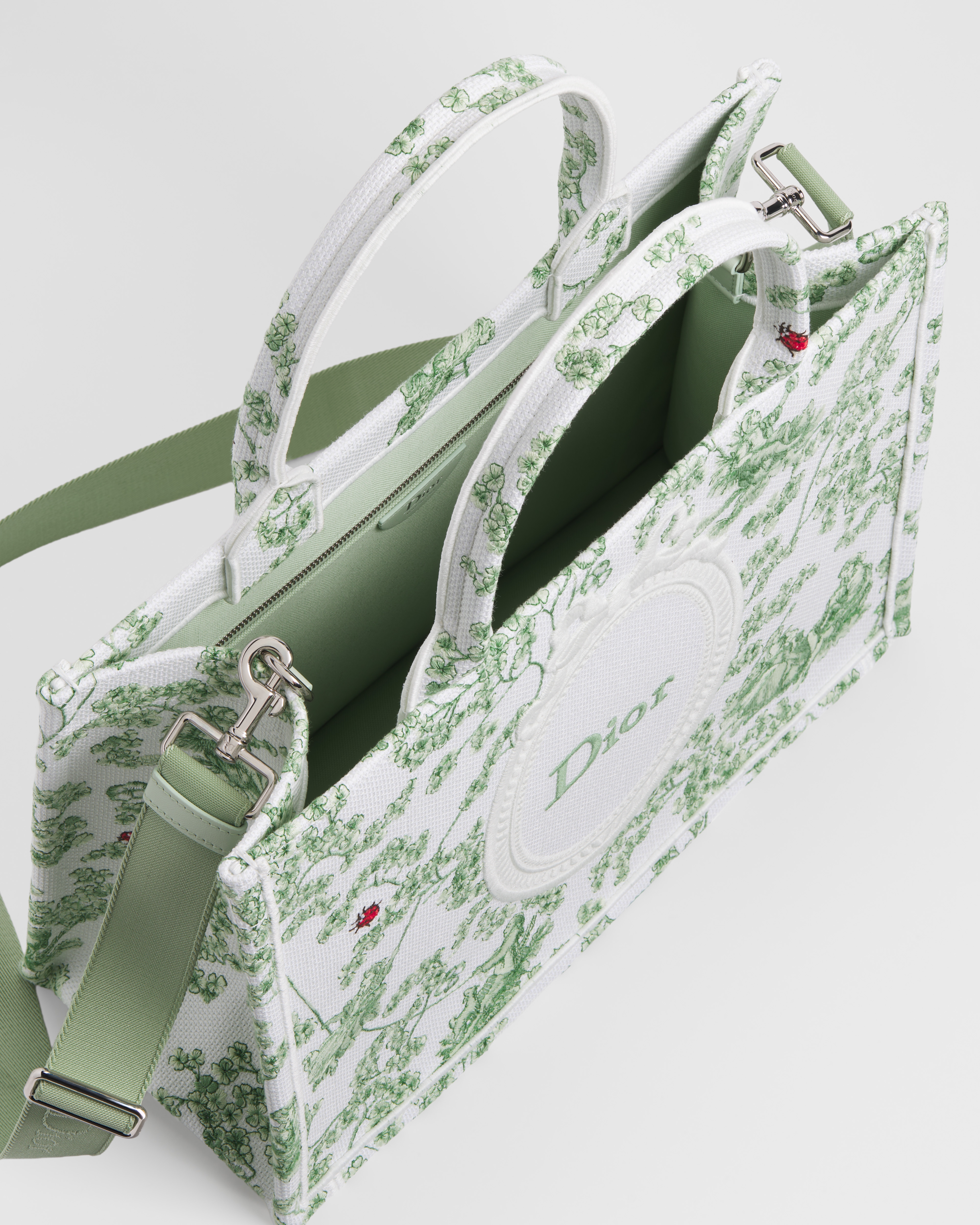 Medium Dior Book Tote with Strap Green Multicolor Toile de Jouy Clover Embroidery and White Dior Médaillon (36 x 27.5 x 16.5 cm) E10