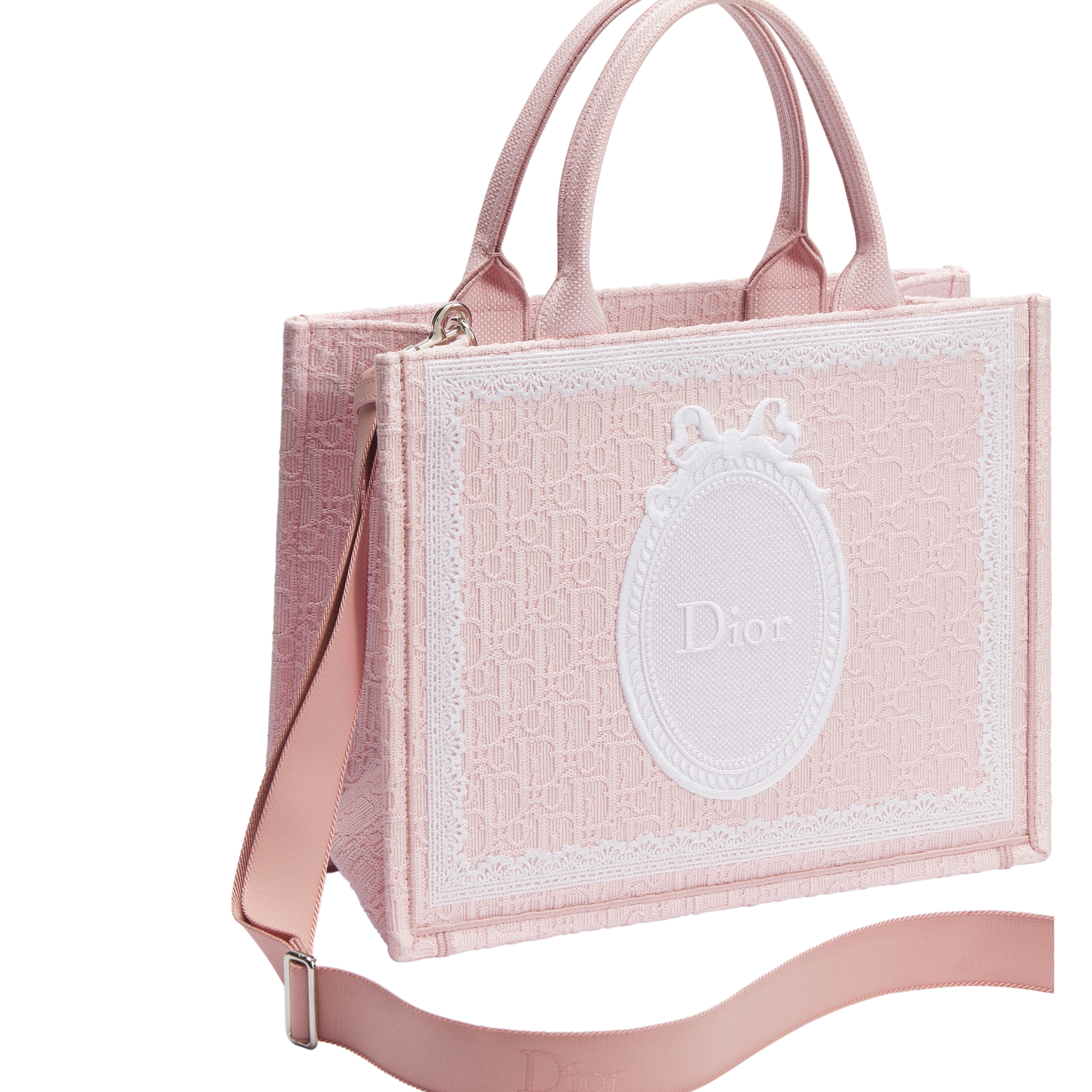 Sac Dior Book Tote Medium à bandoulière Broderie Dior Oblique rose Soupir, dentelle et Dior Médaillon blancs (36,5 x 26,5 x 16,5 cm) E03
