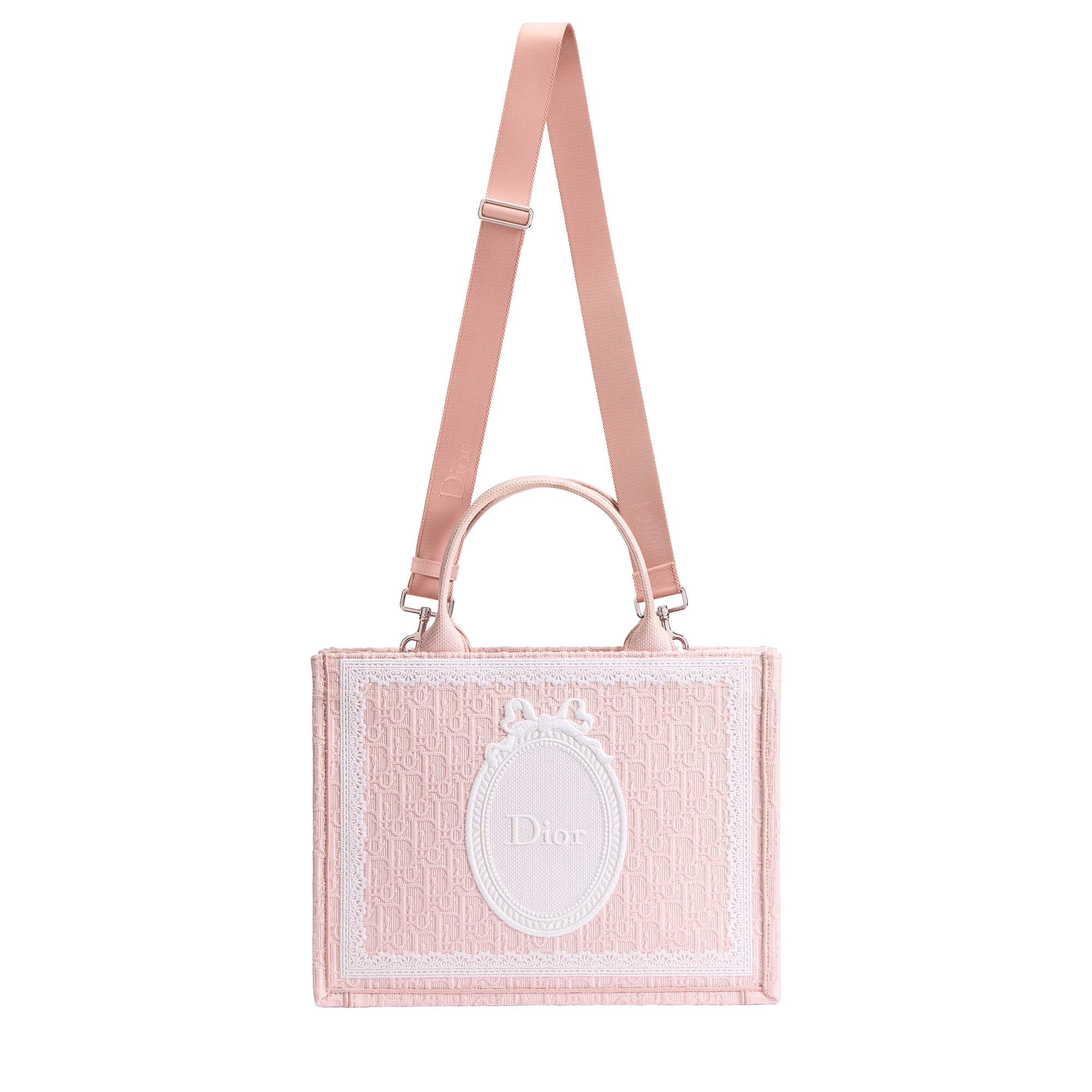 Sac Dior Book Tote Medium à bandoulière Broderie Dior Oblique rose Soupir, dentelle et Dior Médaillon blancs (36,5 x 26,5 x 16,5 cm) E07