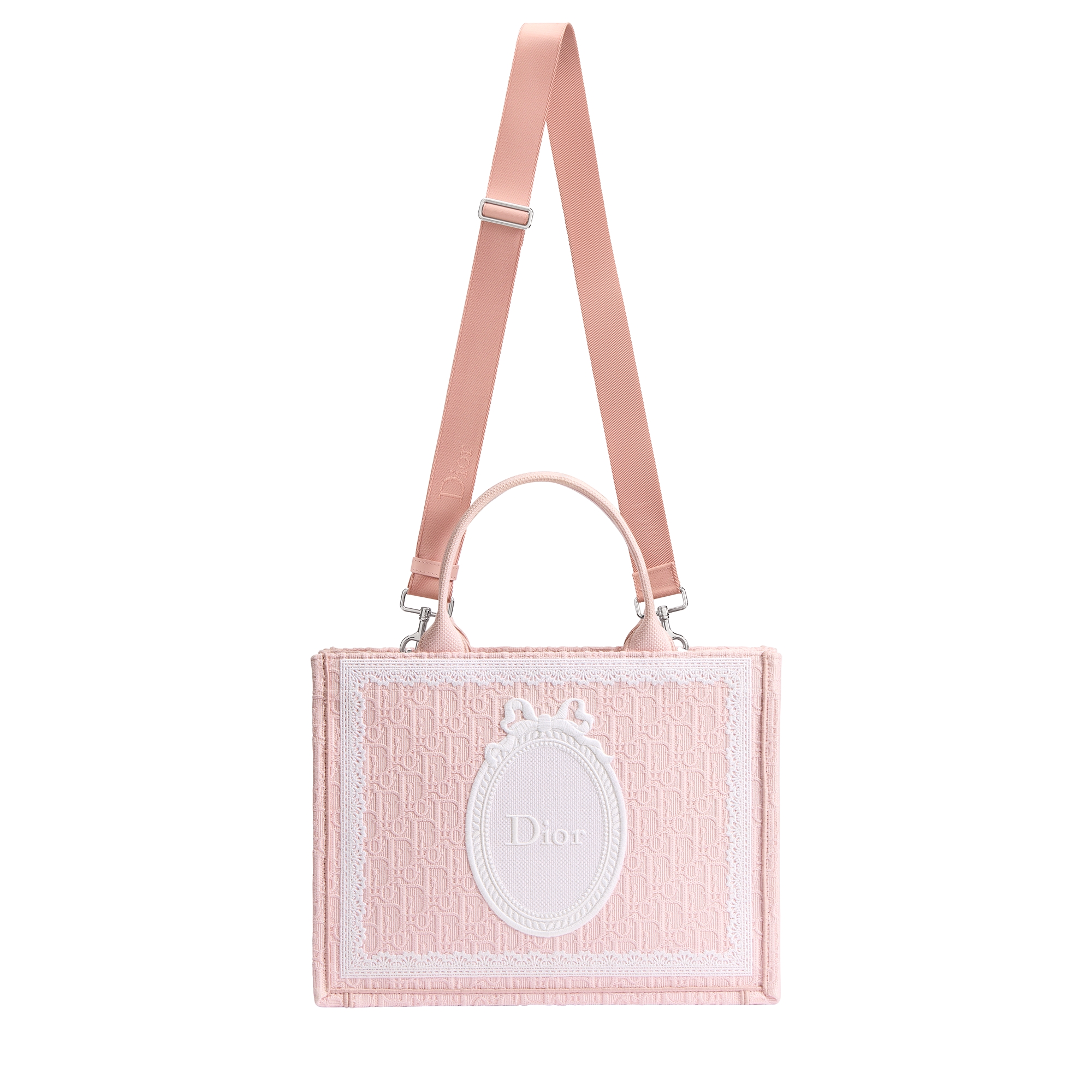 Medium Dior Book Tote with Strap Rose Soupir Dior Oblique Embroidery with White Lace and Dior Médaillon (36 x 27.5 x 16.5 cm) E07