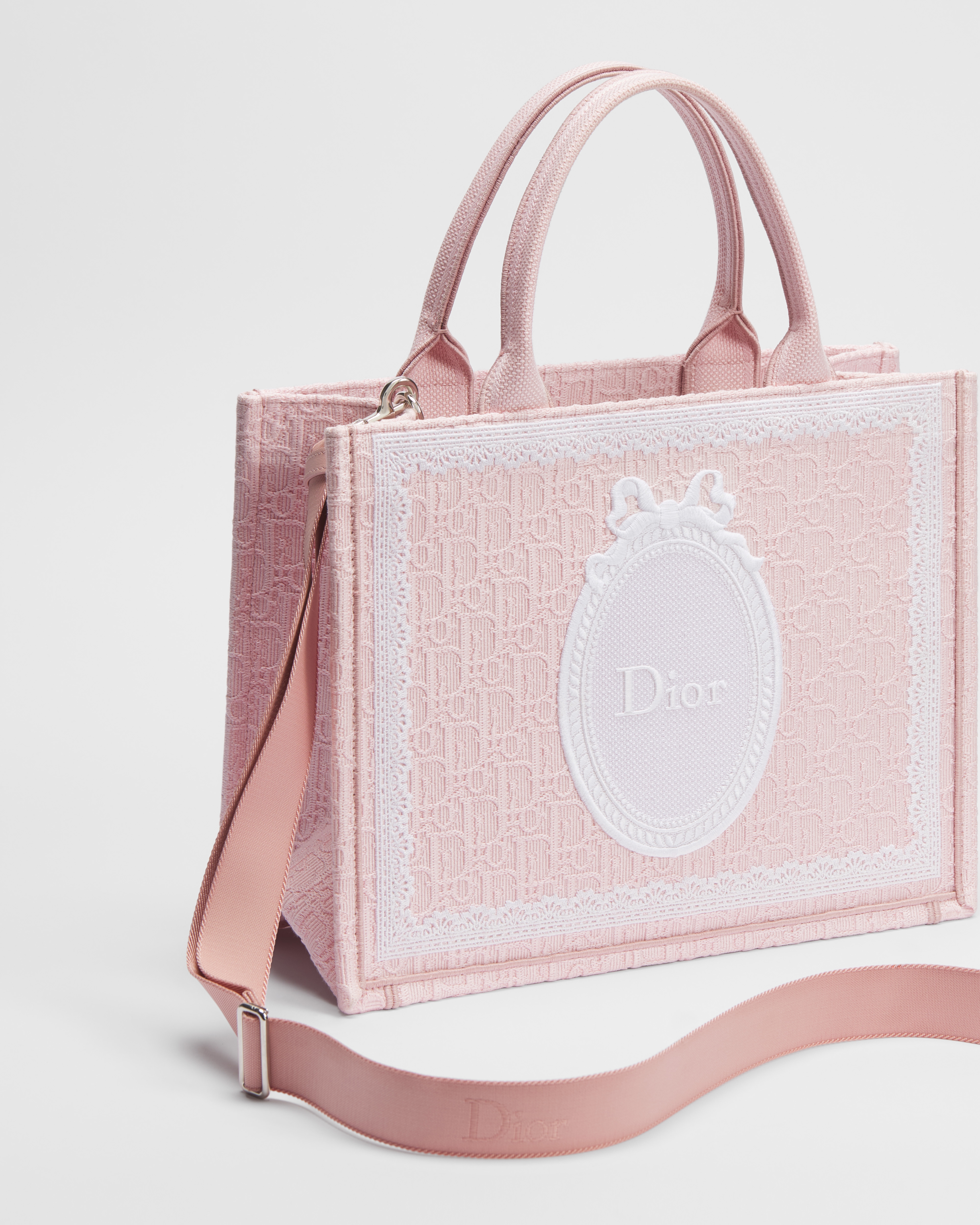 Medium Dior Book Tote with Strap Rose Soupir Dior Oblique Embroidery with White Lace and Dior Médaillon (36 x 27.5 x 16.5 cm) E03