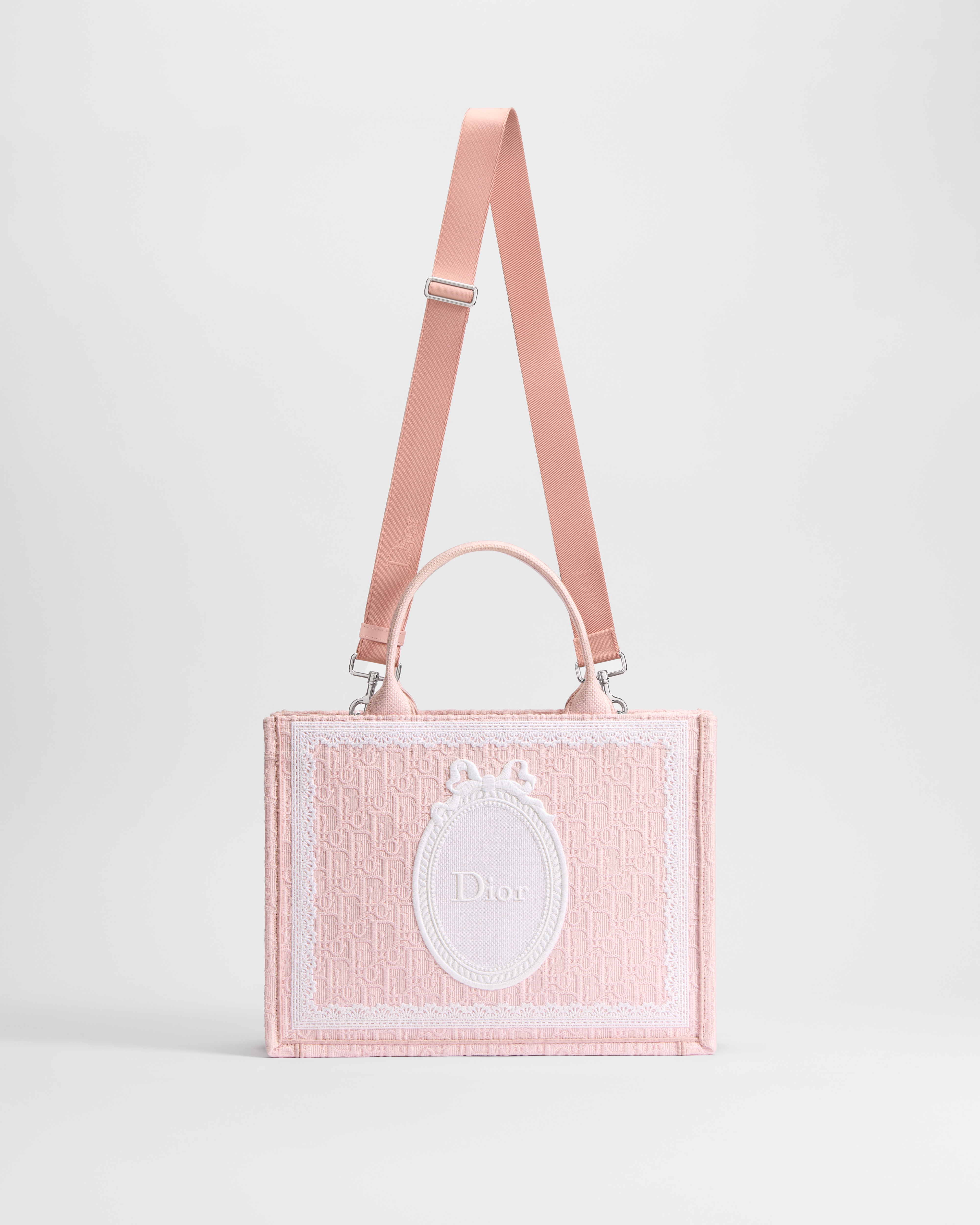 Medium Dior Book Tote with Strap Rose Soupir Dior Oblique Embroidery with White Lace and Dior Médaillon (36 x 27.5 x 16.5 cm) E07