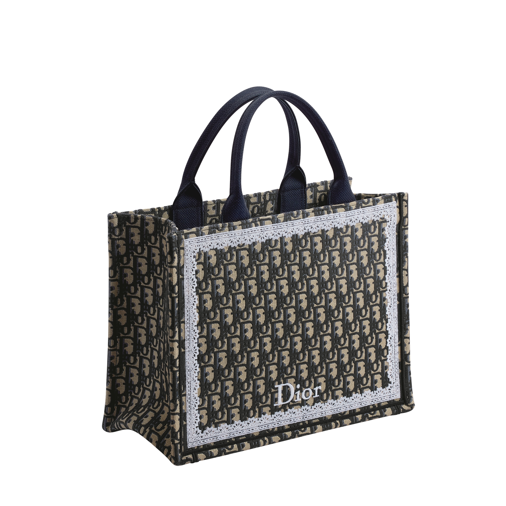 Medium Dior Book Tote with Strap Blue Dior Oblique Embroidery and White Lace (36.5 x 26.5 x 16.5 cm) E03
