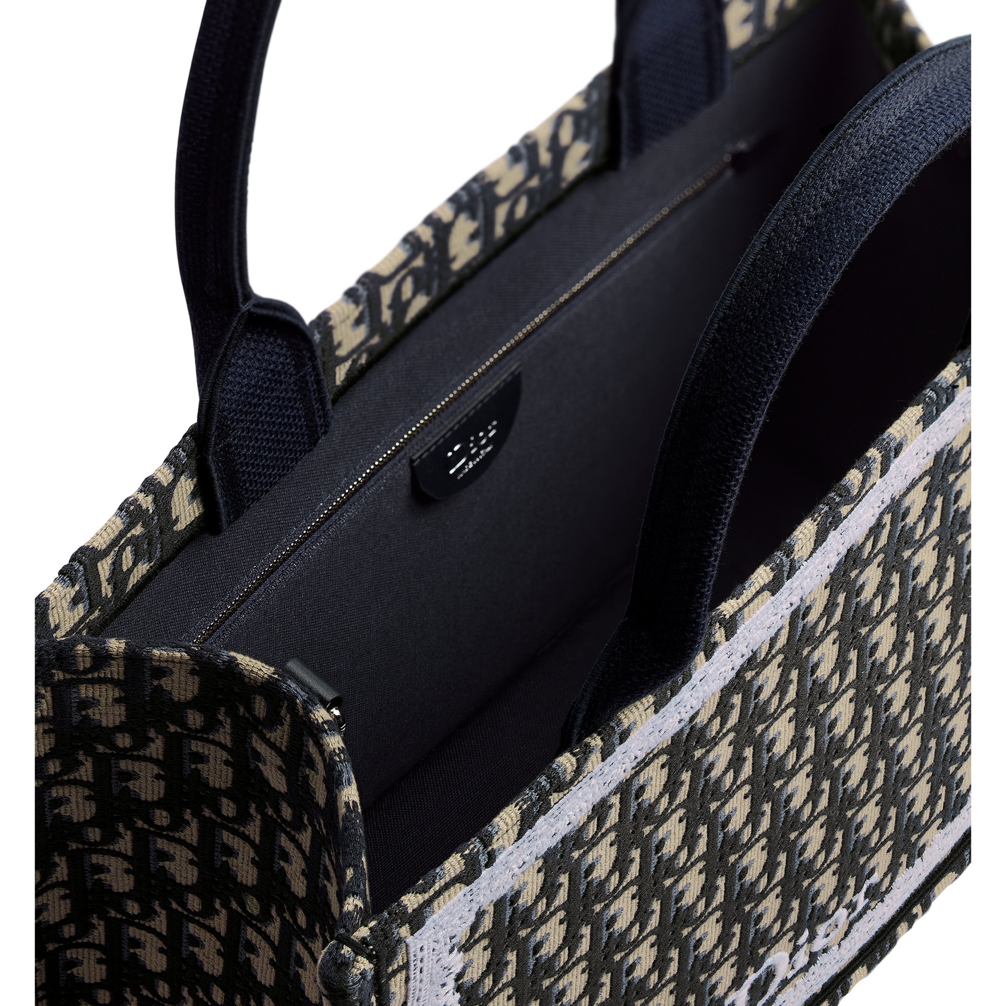 Medium Dior Book Tote with Strap Blue Dior Oblique Embroidery and White Lace (36.5 x 26.5 x 16.5 cm) E06