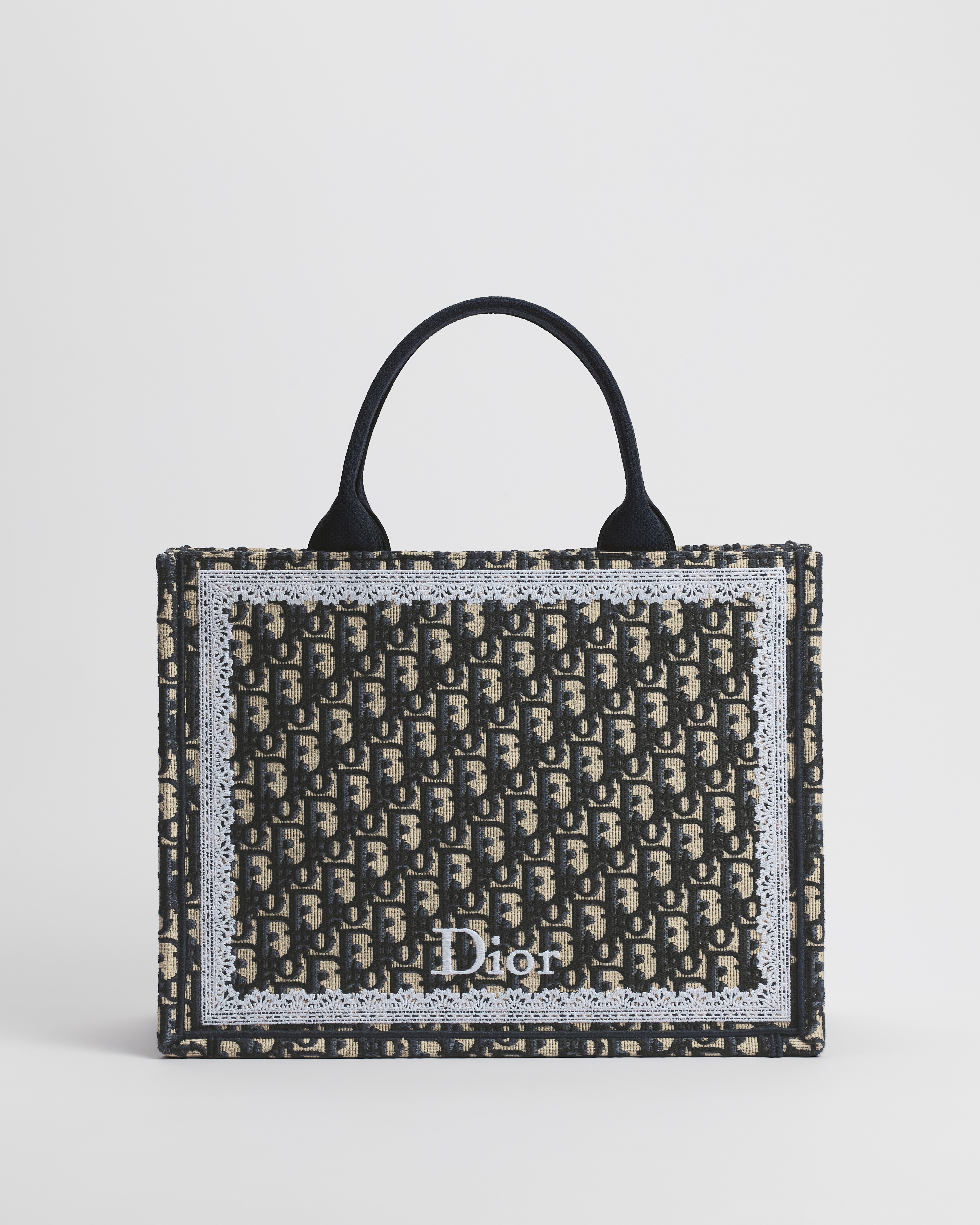 中碼 Dior Book Tote 連肩帶 藍色 Dior Oblique 刺繡和白色蕾絲（36 x 27.5 x 16.5 厘米） E01
