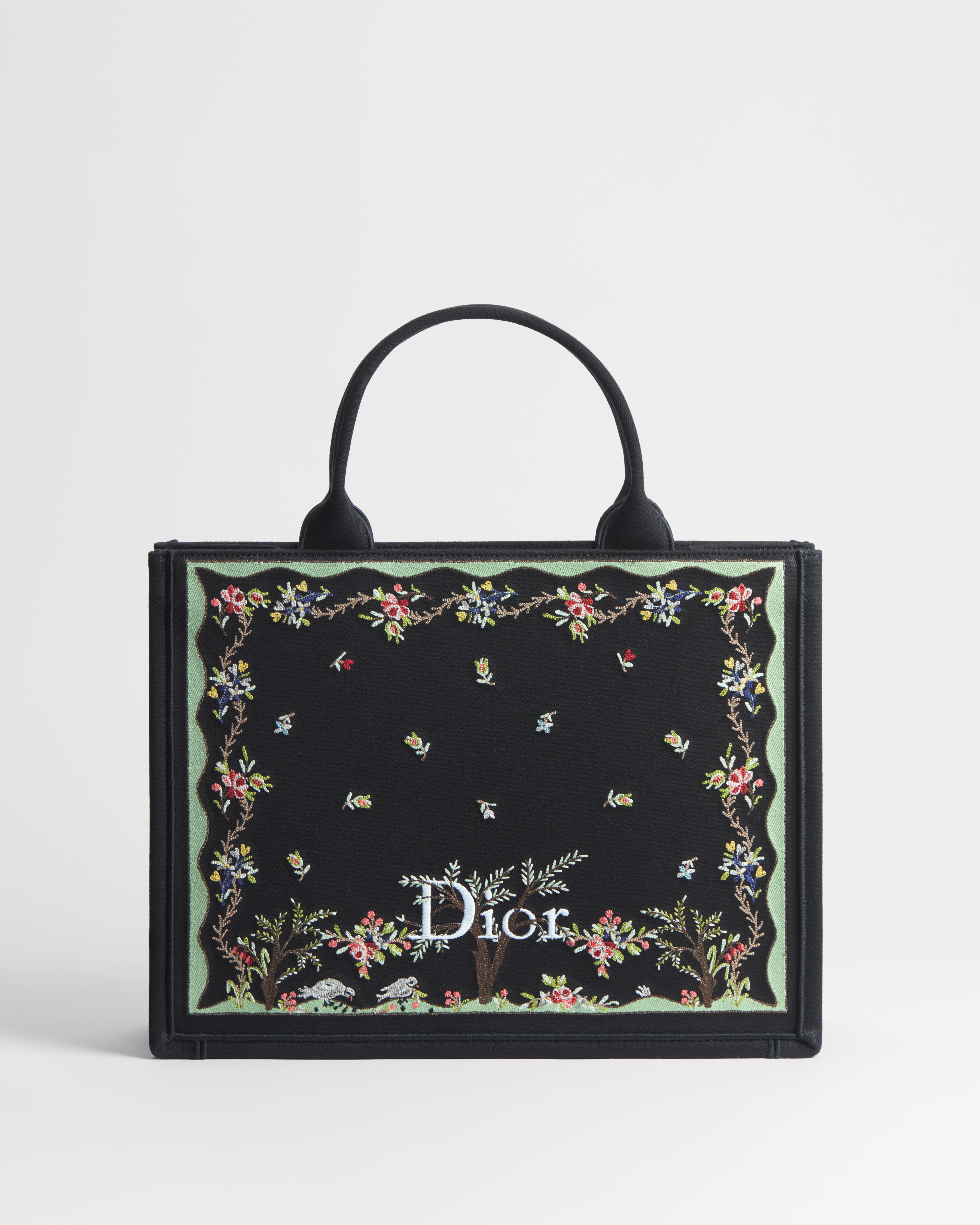 Dioramour Medium Dior Book Tote with Strap Black Multicolor Revolution Flowers Embroidery (36 x 27.5 x 16.5 cm) E01