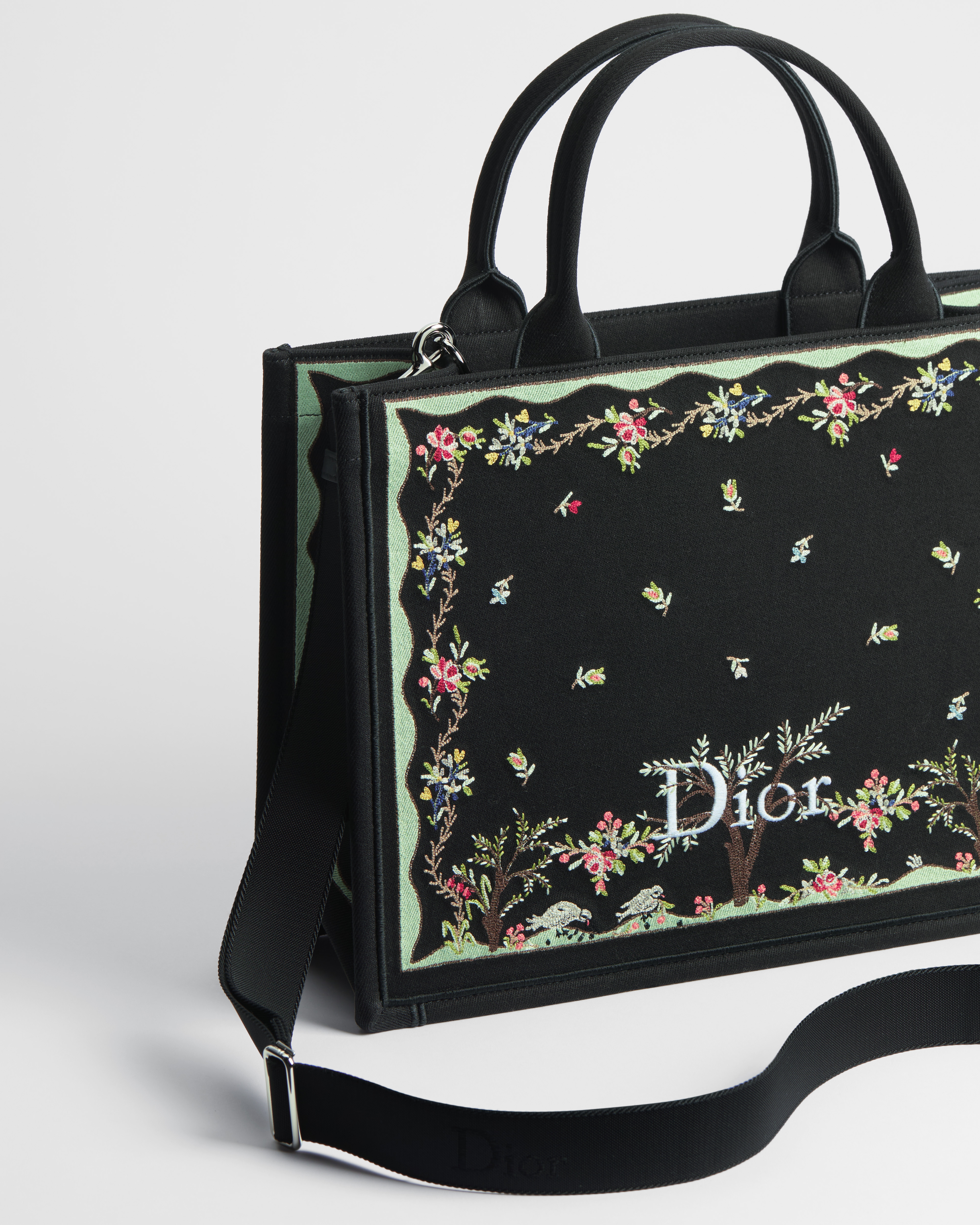 Dioramour Medium Dior Book Tote with Strap Black Multicolor Revolution Flowers Embroidery (36 x 27.5 x 16.5 cm) E03