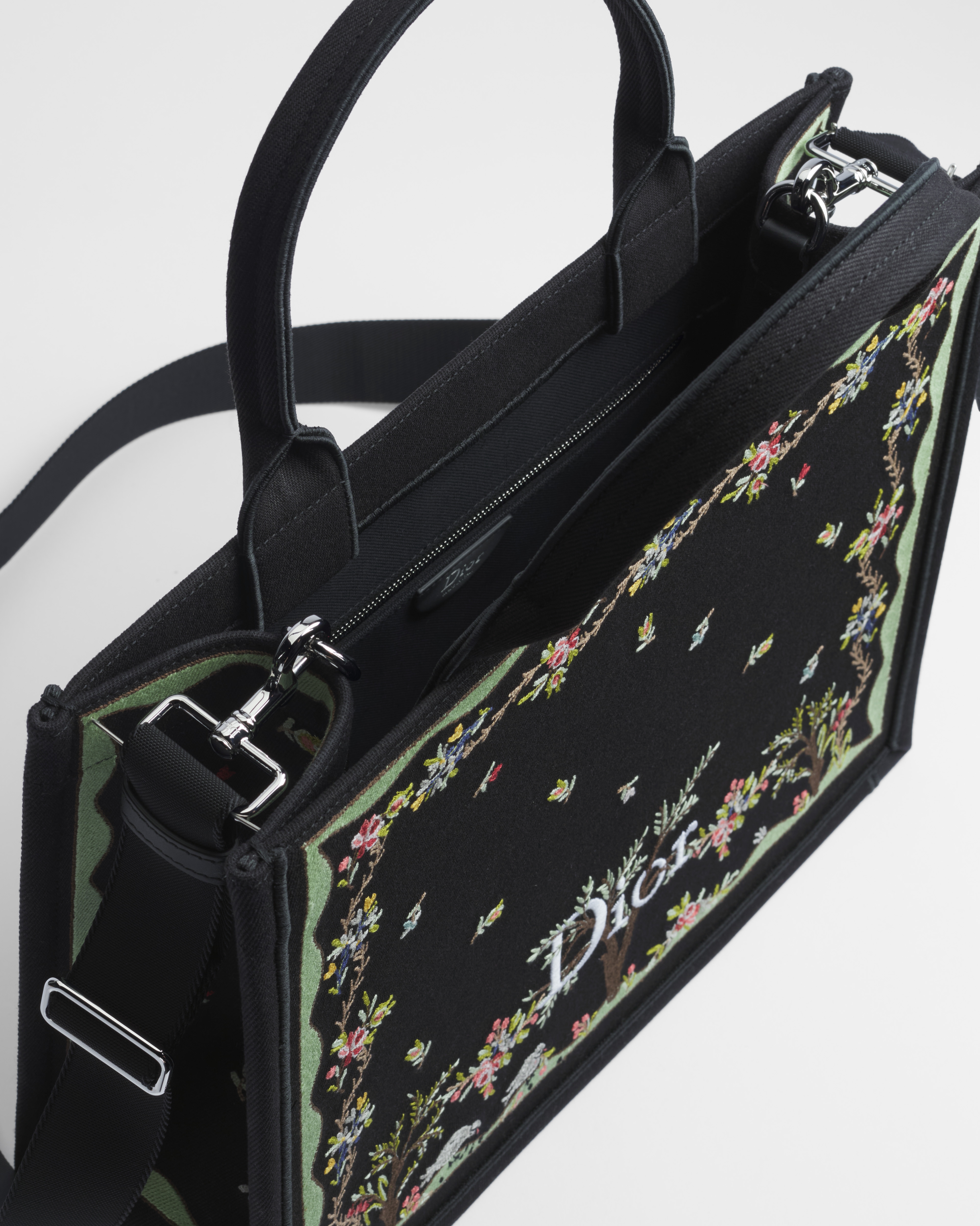 Dioramour Medium Dior Book Tote with Strap Black Multicolor Revolution Flowers Embroidery (36 x 27.5 x 16.5 cm) E06