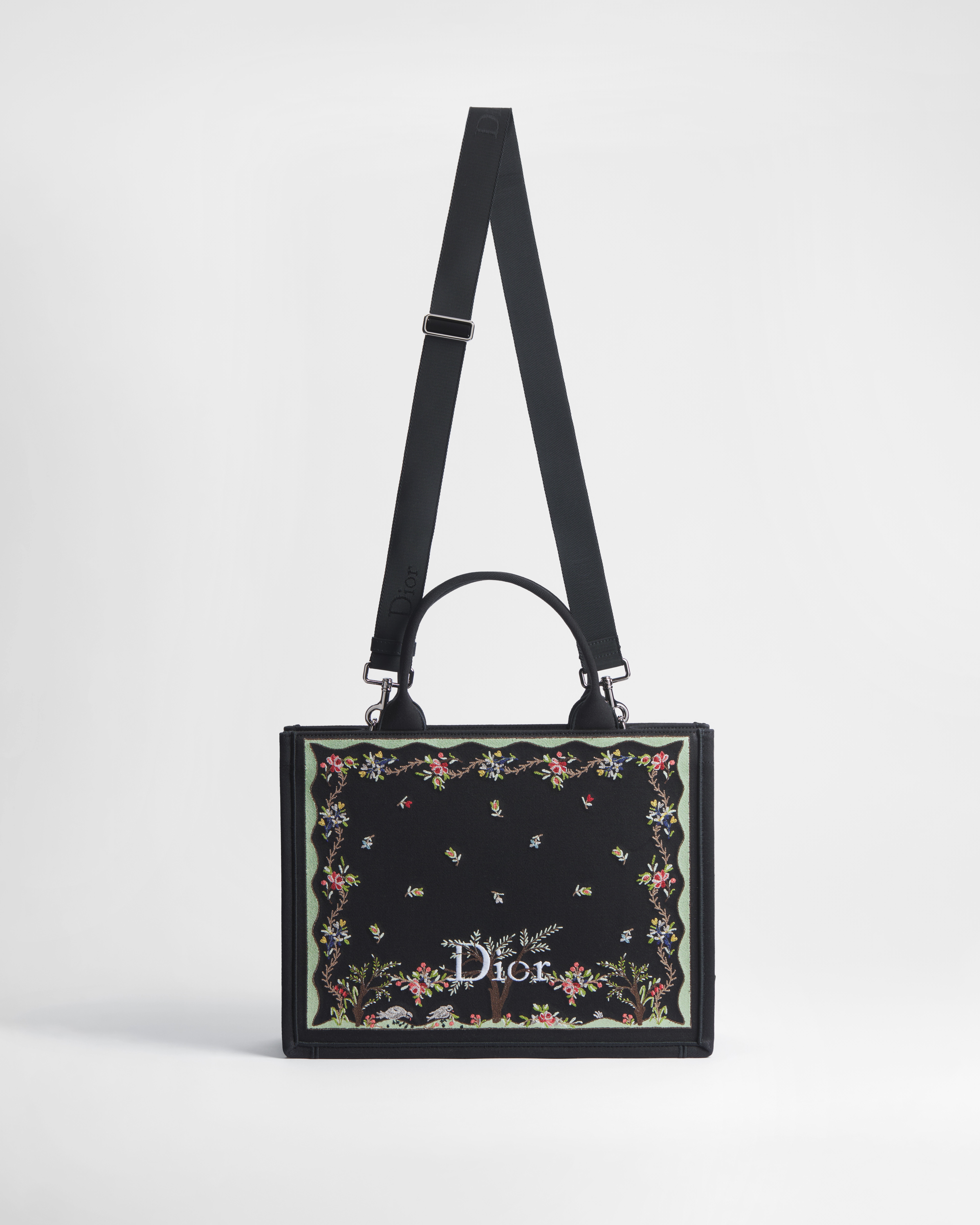 Dioramour Medium Dior Book Tote with Strap Black Multicolor Revolution Flowers Embroidery (36 x 27.5 x 16.5 cm) E07