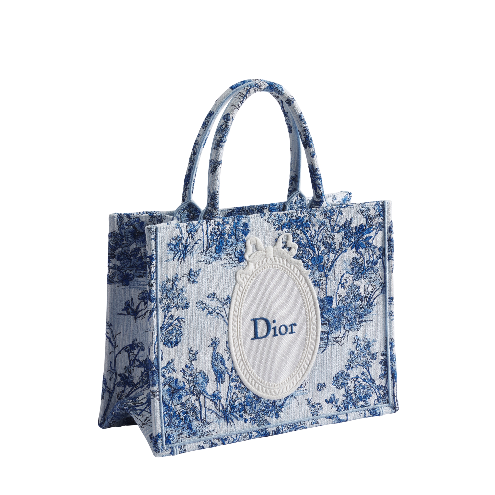 Dioriviera Medium Dior Book Tote with Strap Blue Toile de Jouy Floral Garden Embroidery and White Dior Médaillon (36 x 27.5 x 16.5 cm) E03
