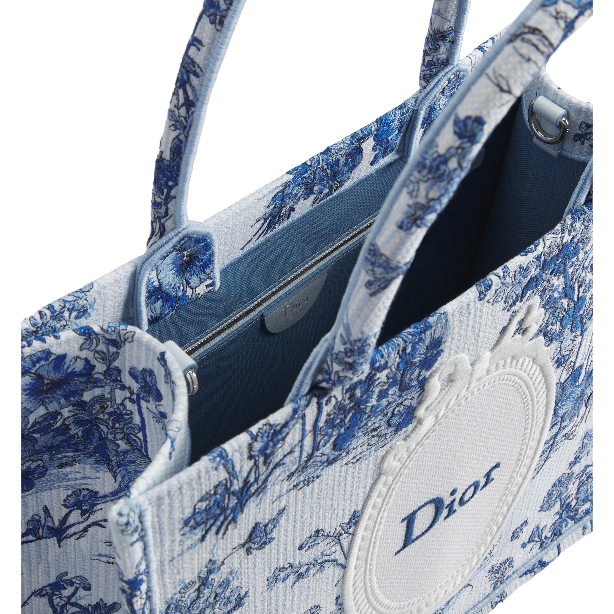 Dioriviera Medium Dior Book Tote with Strap Blue Toile de Jouy Floral Garden Embroidery and White Dior Médaillon (36 x 27.5 x 16.5 cm) E06