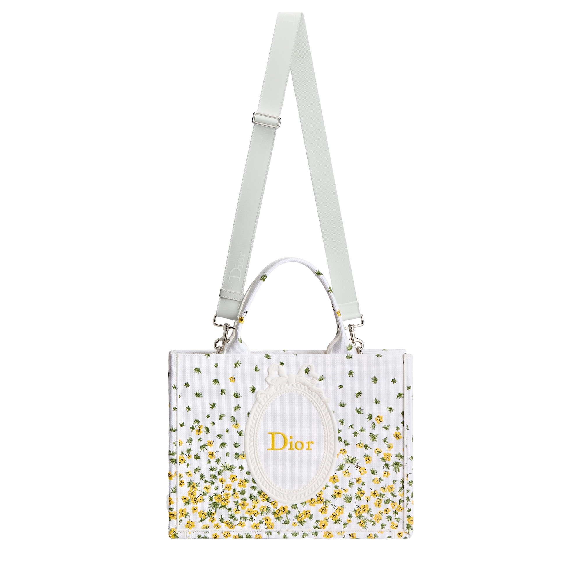 Medium Dior Book Tote with Strap Buttercup Dior Embroidery and White Dior Médaillon (36 x 27.5 x 16.5 cm) E07
