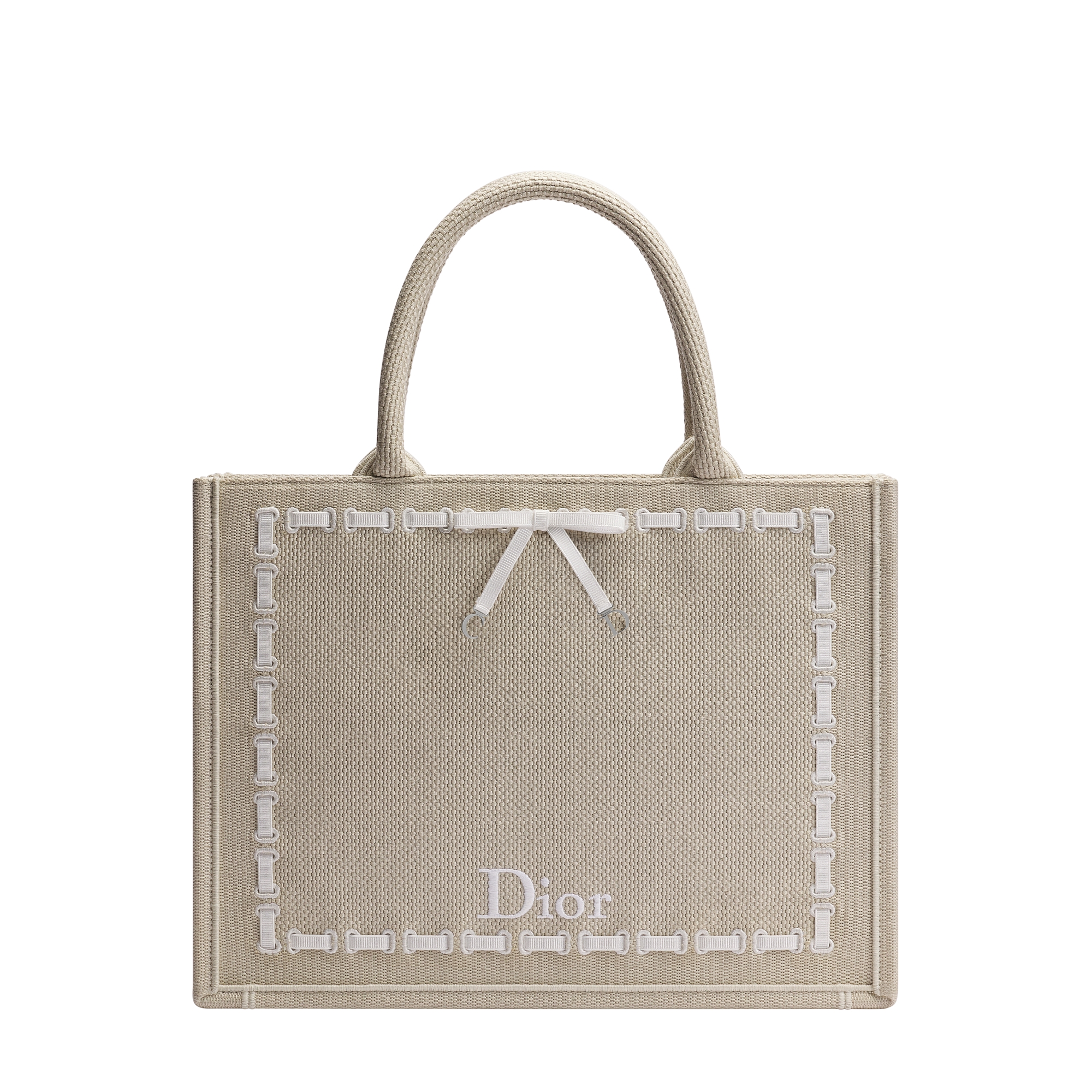 Medium Dior Book Tote with Strap Beige Embroidery and White Woven Grosgrain Ribbon (36 x 27.5 x 16.5 cm) E01