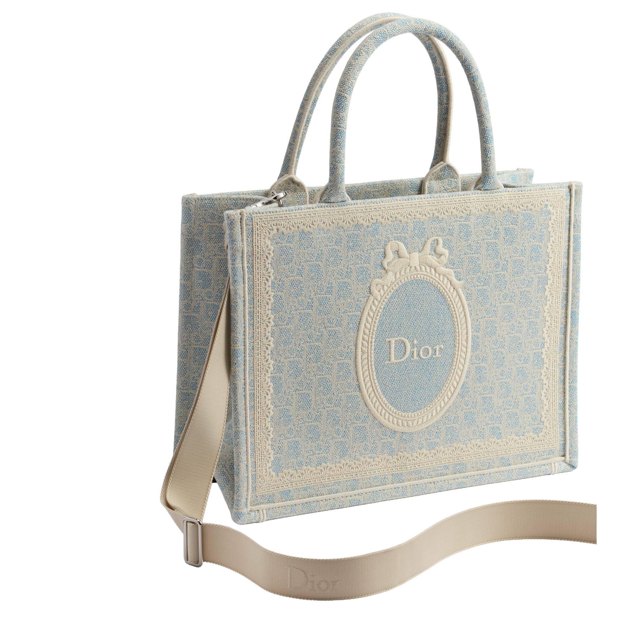 Medium Dior Book Tote with Strap Céleste Blue Dior Oblique Washed Embroidery and Ecru Dior Médaillon (36 x 27.5 x 16.5 cm) E03