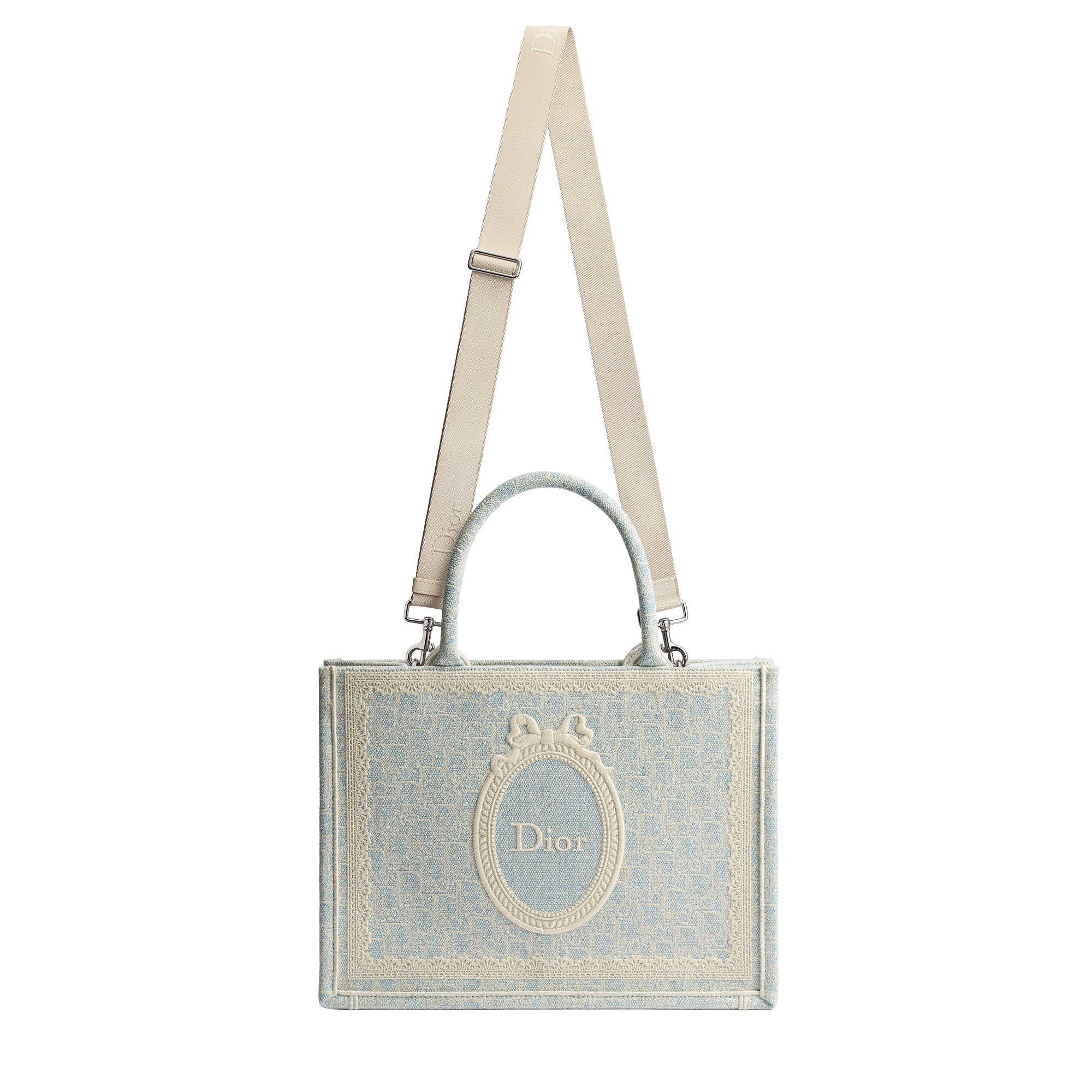Medium Dior Book Tote with Strap Céleste Blue Dior Oblique Washed Embroidery and Ecru Dior Médaillon (36 x 27.5 x 16.5 cm) E07