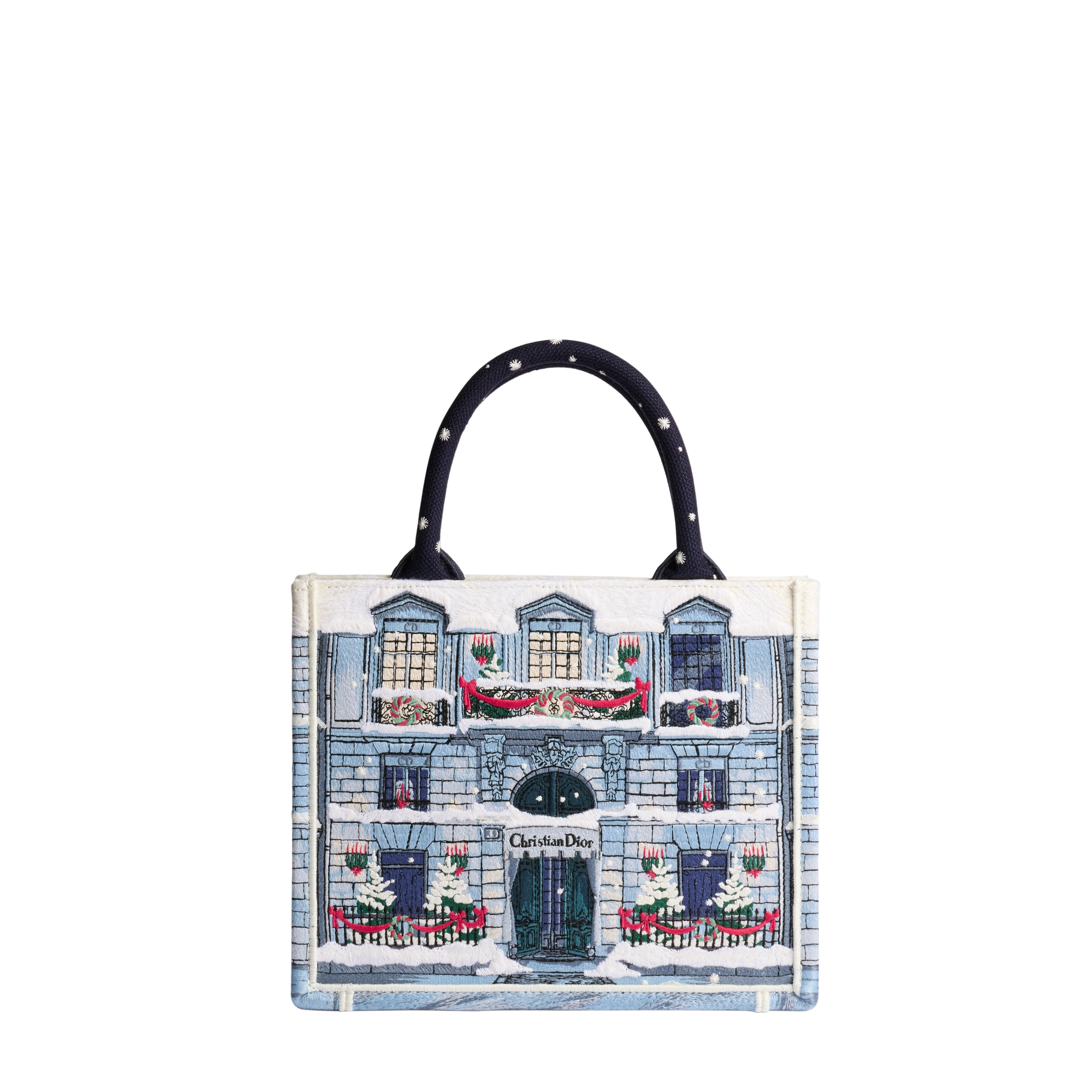 Small Dior Book Tote with Strap Multicolor Noël à Montaigne Embroidery (26.5 x 22 x 14 cm) E01