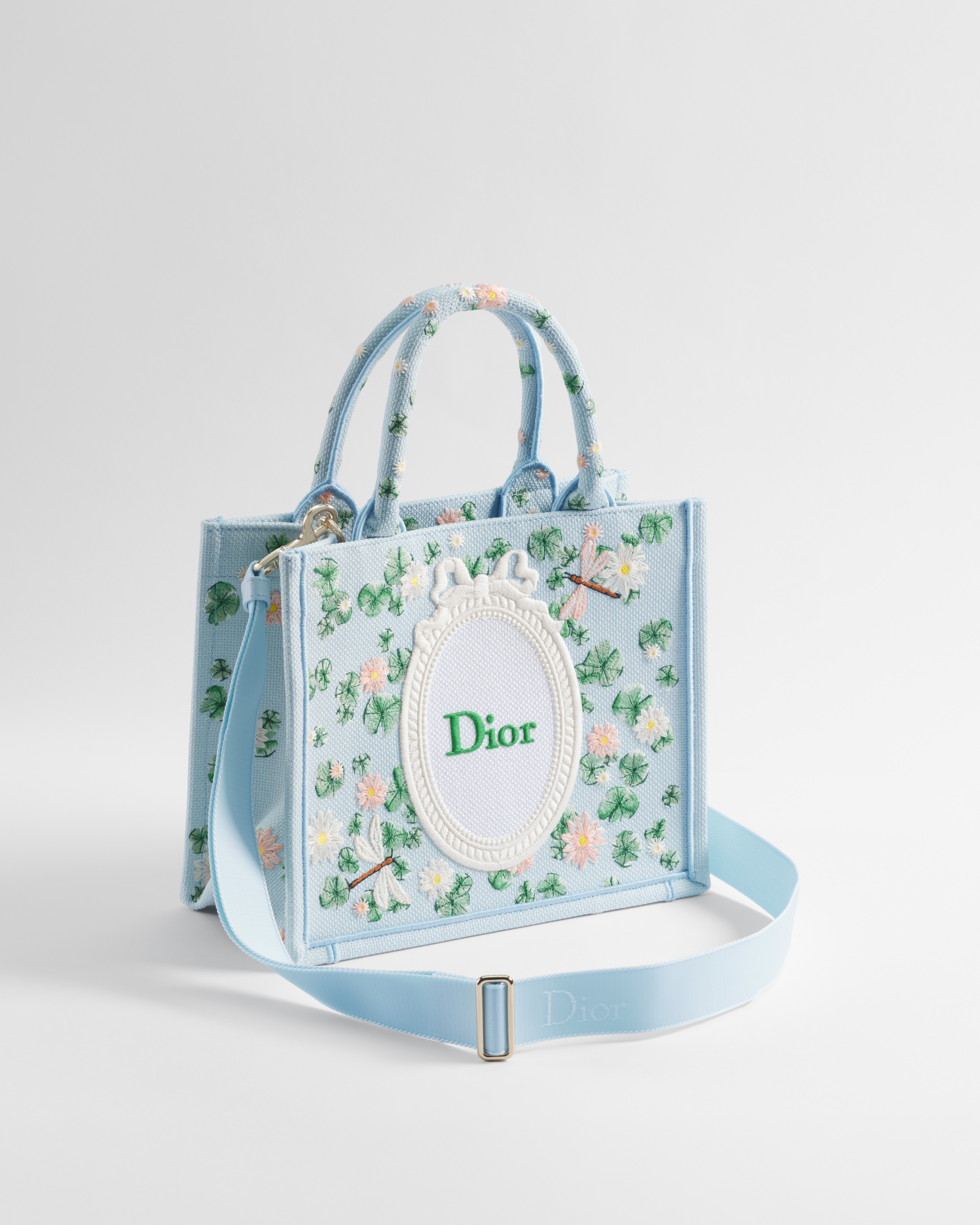 Small Dior Book Tote with Strap Multicolor Dior Water Lily Embroidery and Dior Médaillon (26.5 x 22 x 14 cm) E03