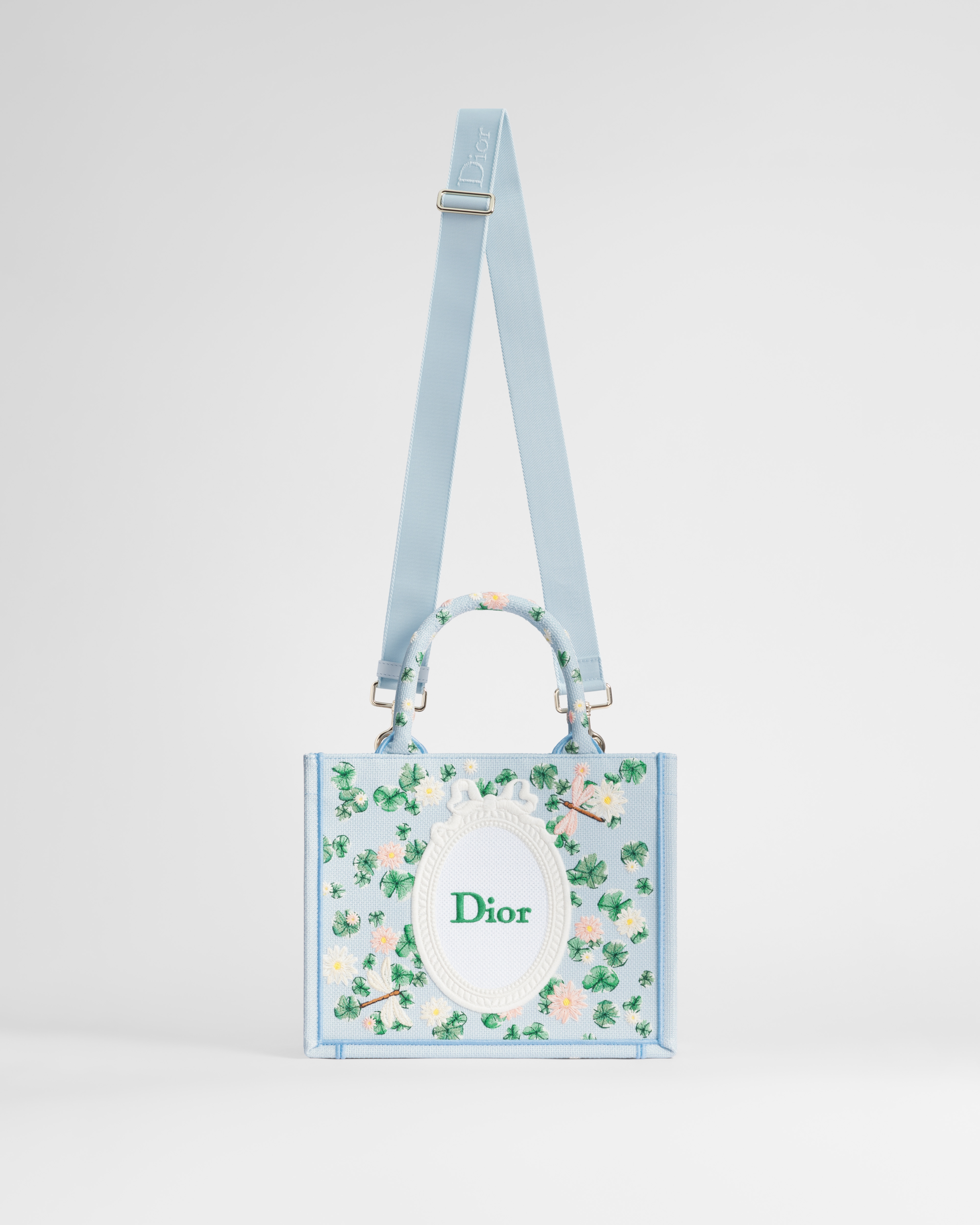 Small Dior Book Tote with Strap Multicolor Dior Water Lily Embroidery and Dior Médaillon (26.5 x 22 x 14 cm) E07