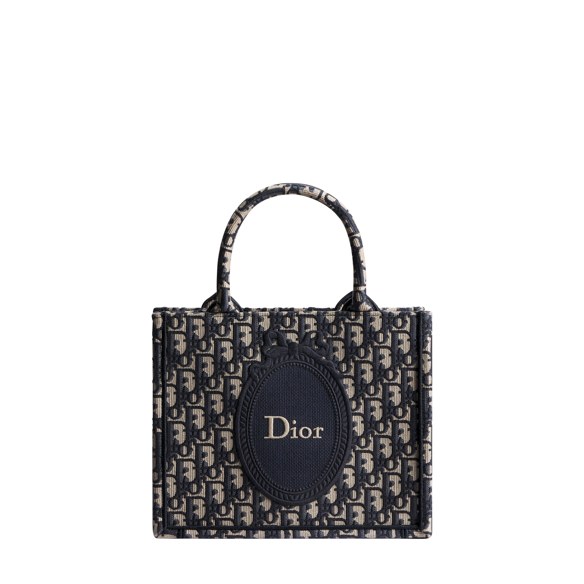 Small Dior Book Tote with Strap Blue Dior Oblique Jacquard and Embroidered Dior Médaillon (26.5 x 22 x 14 cm) E01