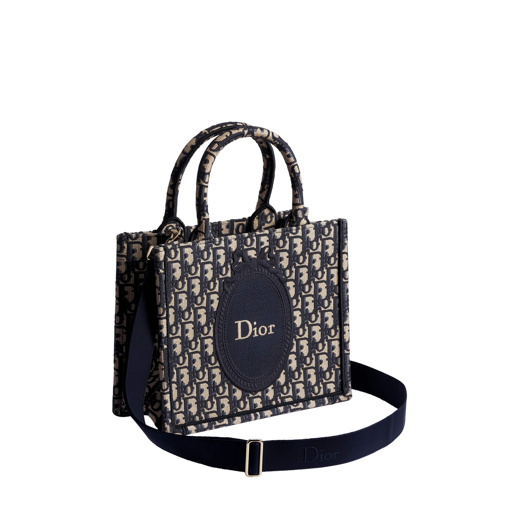 Small Dior Book Tote with Strap Blue Dior Oblique Jacquard and Embroidered Dior Médaillon (26.5 x 22 x 14 cm) E03