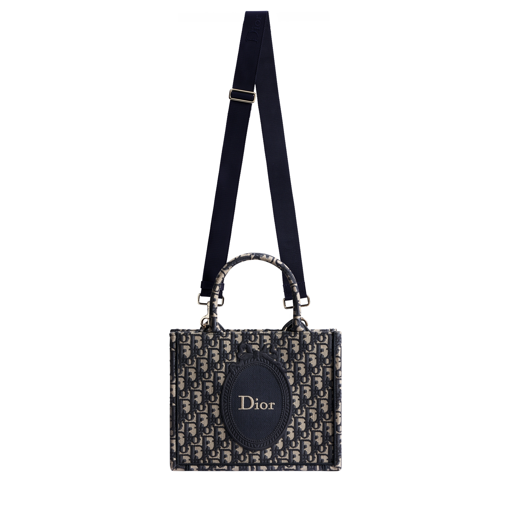 Small Dior Book Tote with Strap Blue Dior Oblique Jacquard and Embroidered Dior Médaillon (26.5 x 22 x 14 cm) E07