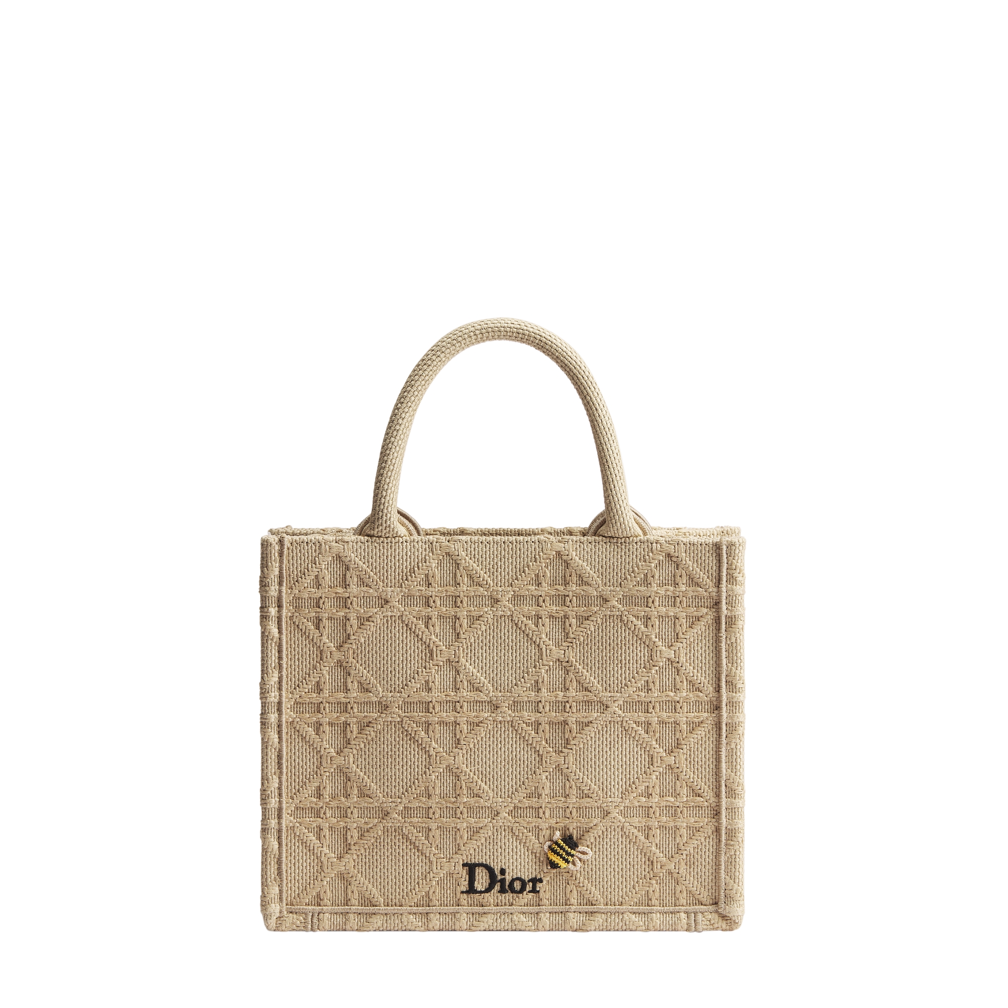 Small Dior Book Tote with Strap Natural Raffia-Effect Cannage Embroidery (26.5 x 22 x 14 cm) E01