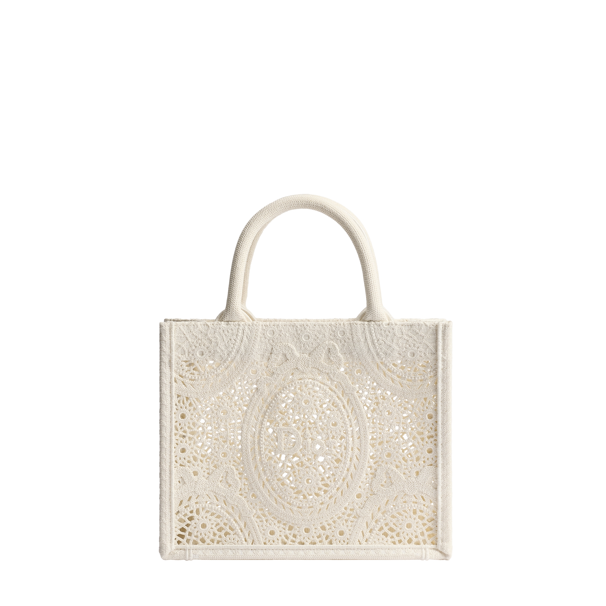 Small Dior Book Tote with Strap Latte Embroidered Crochet with