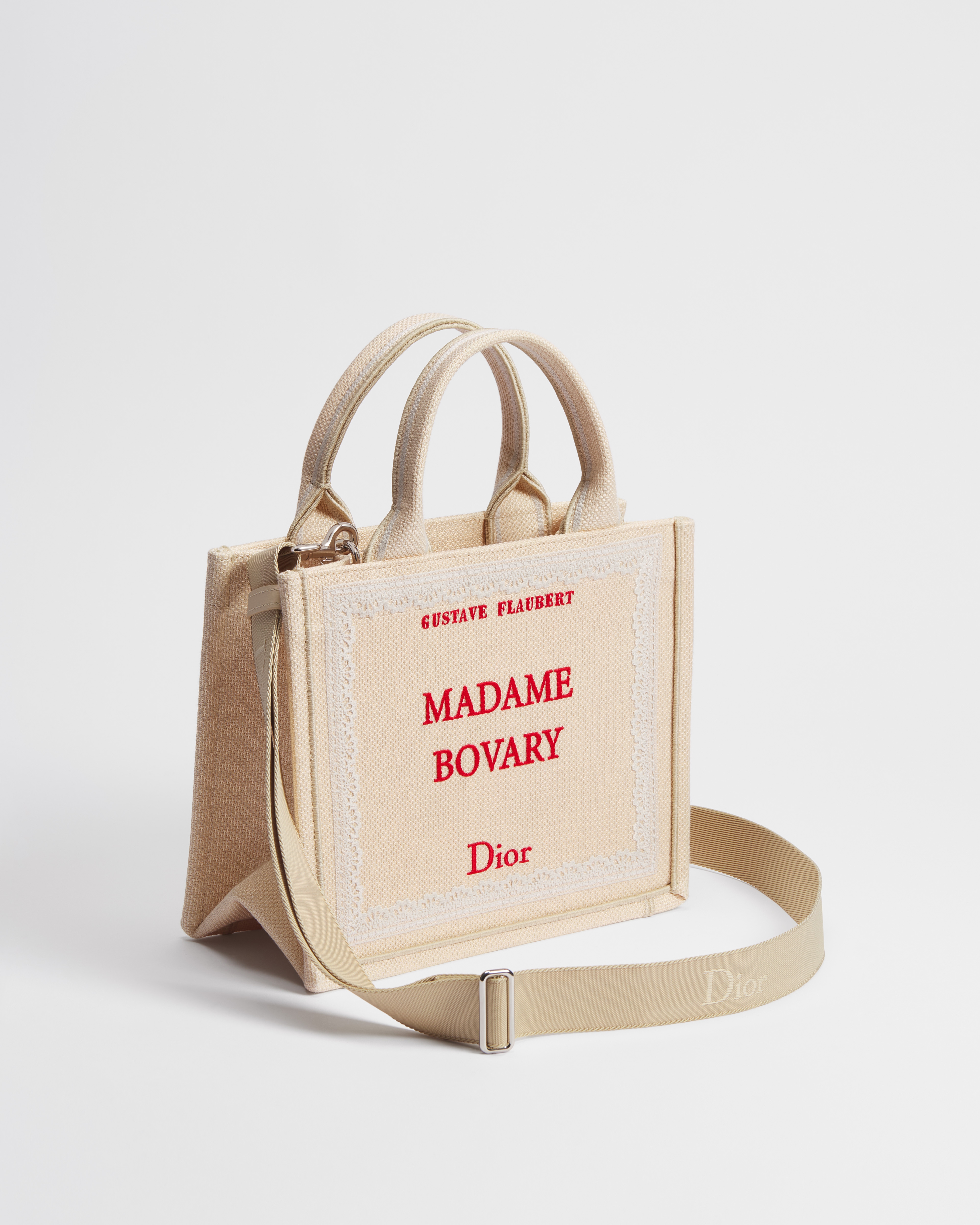 Dior Book Tote pequeño con bandolera Bordado Book Cover beige y rojo (26,5 x 22 x 14 cm) E03