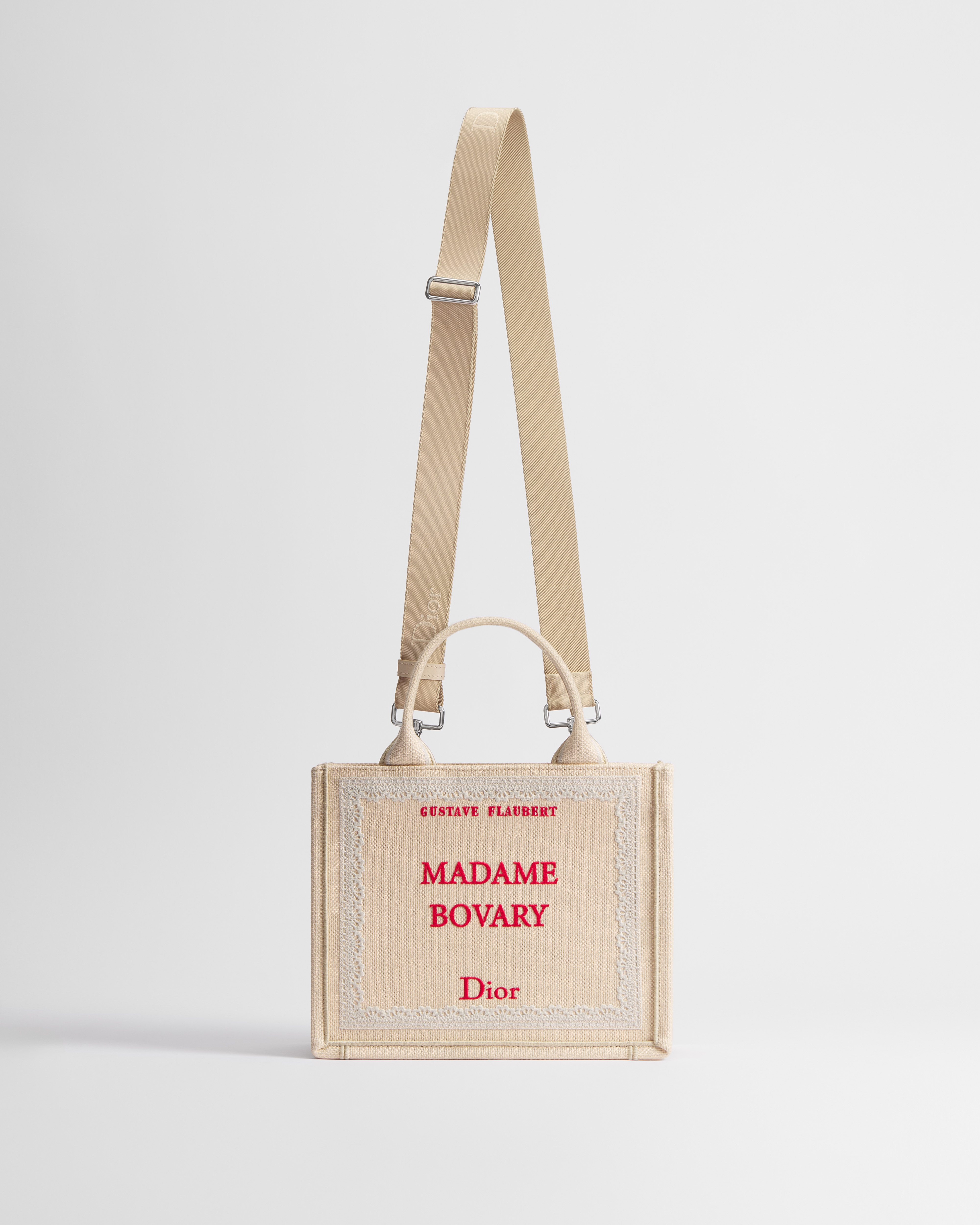 Dior Book Tote pequeño con bandolera Bordado Book Cover beige y rojo (26,5 x 22 x 14 cm) E07