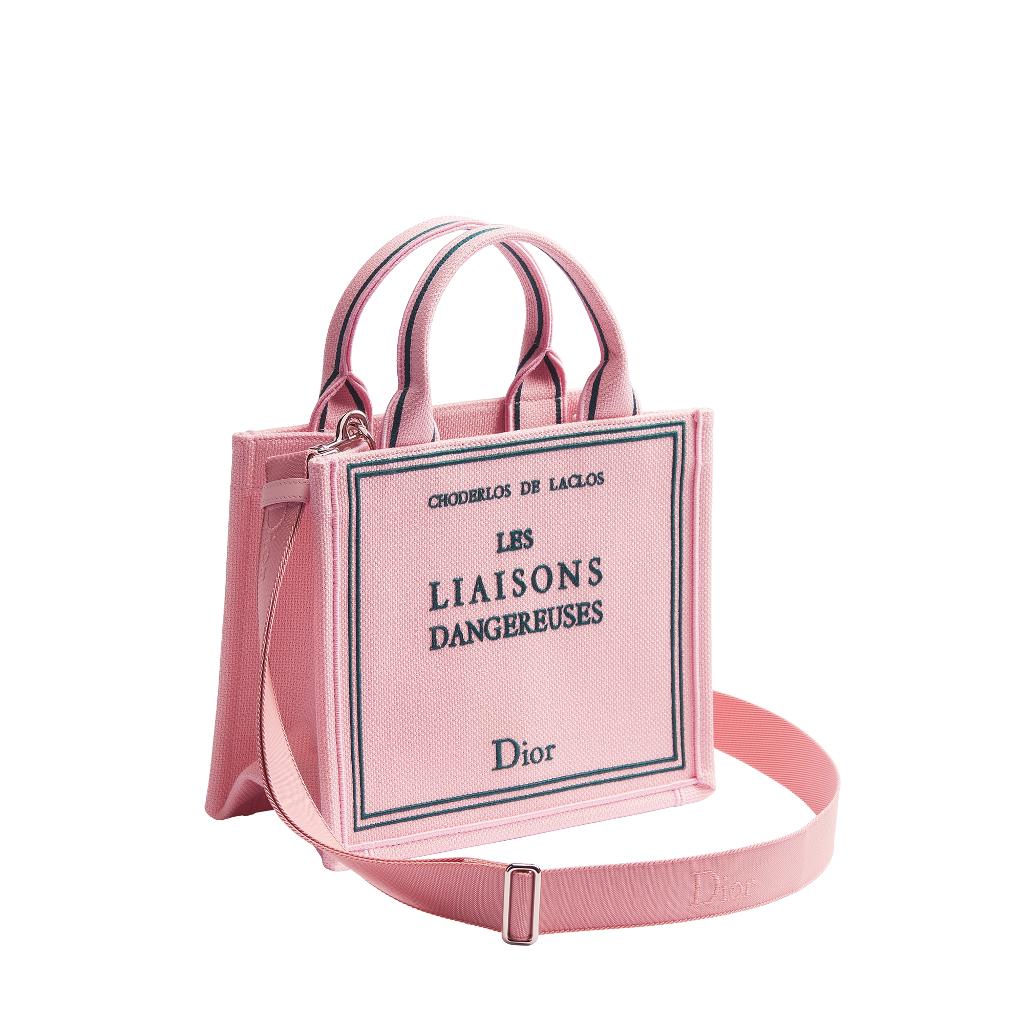 Small Dior Book Tote with Strap Pink and Green Book Cover Embroidery (26.5 x 22 x 14 cm) E03