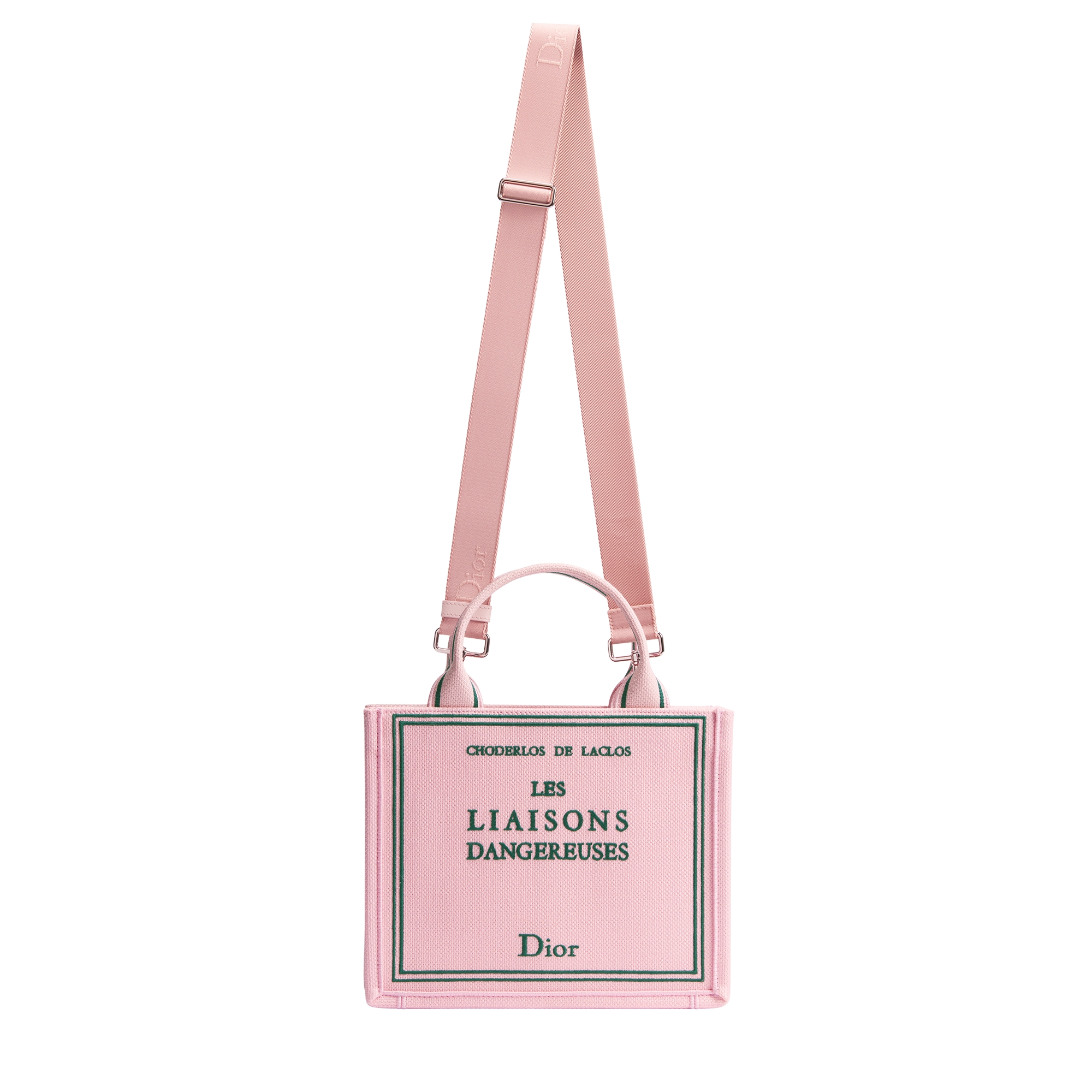Small Dior Book Tote with Strap Pink and Green Book Cover Embroidery (26.5 x 22 x 14 cm) E07
