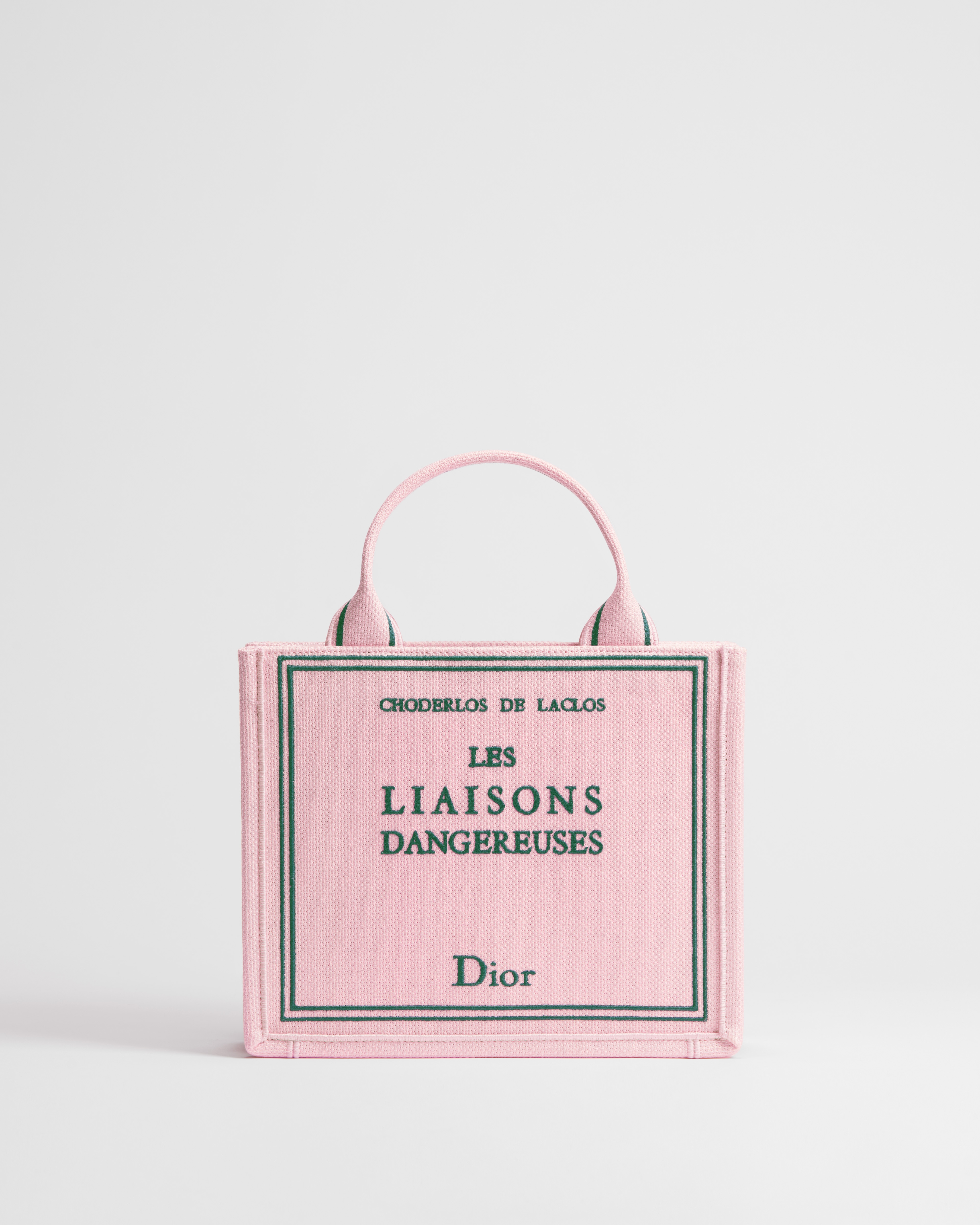 Small Dior Book Tote with Strap Pink and Green Book Cover Embroidery (26.5 x 22 x 14 cm) E01