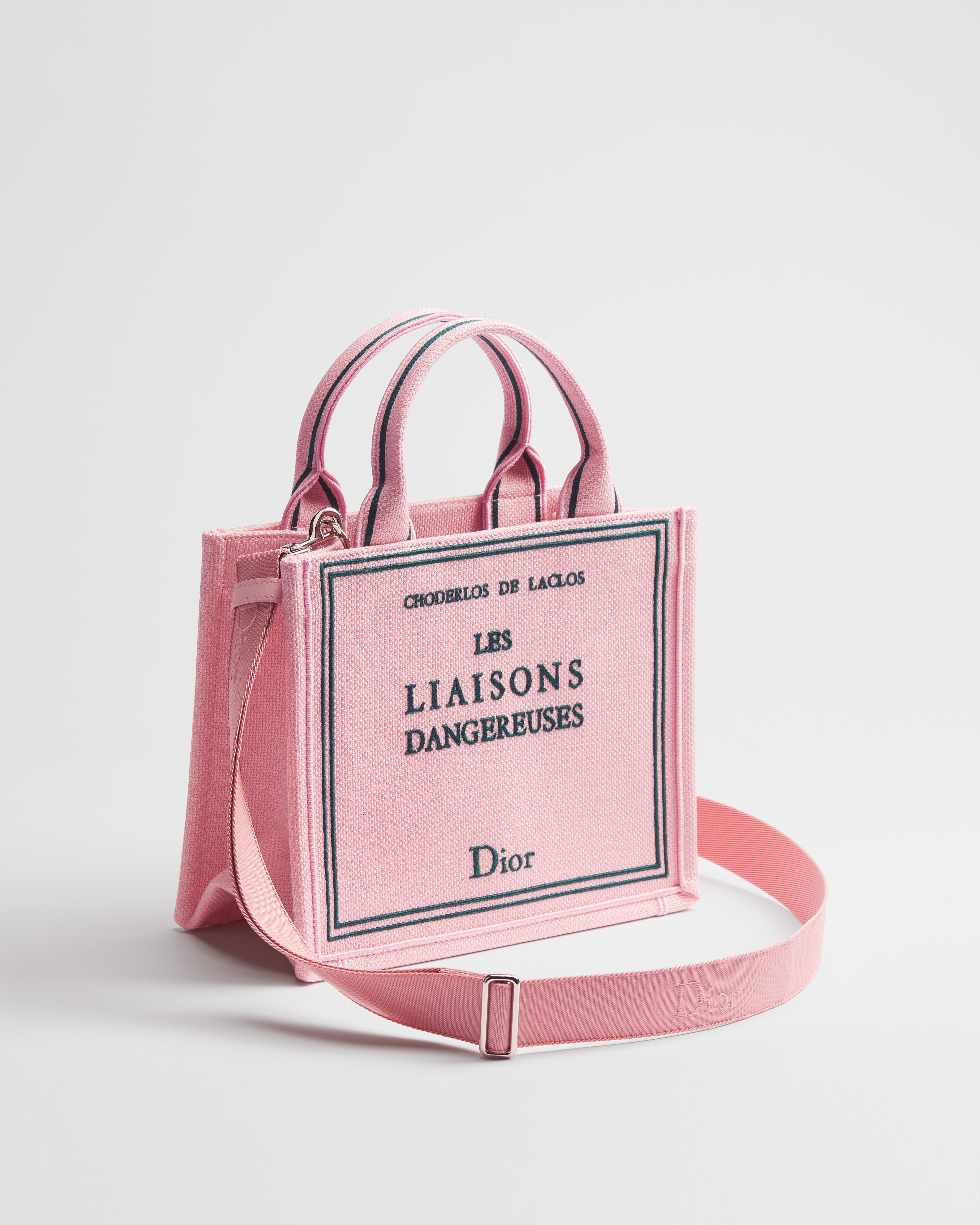 Small Dior Book Tote with Strap Pink and Green Book Cover Embroidery (26.5 x 22 x 14 cm) E03