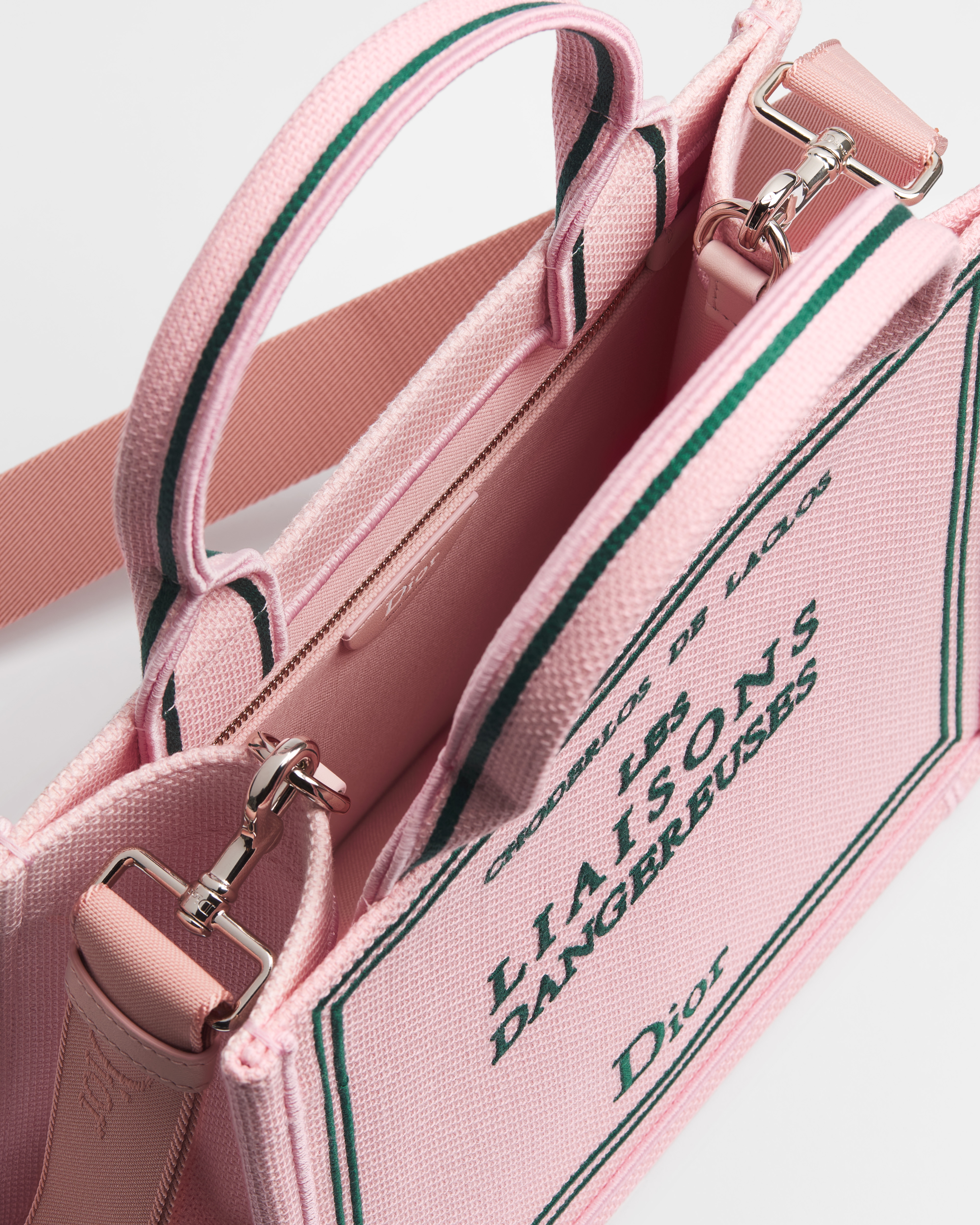 Small Dior Book Tote with Strap Pink and Green Book Cover Embroidery (26.5 x 22 x 14 cm) E06