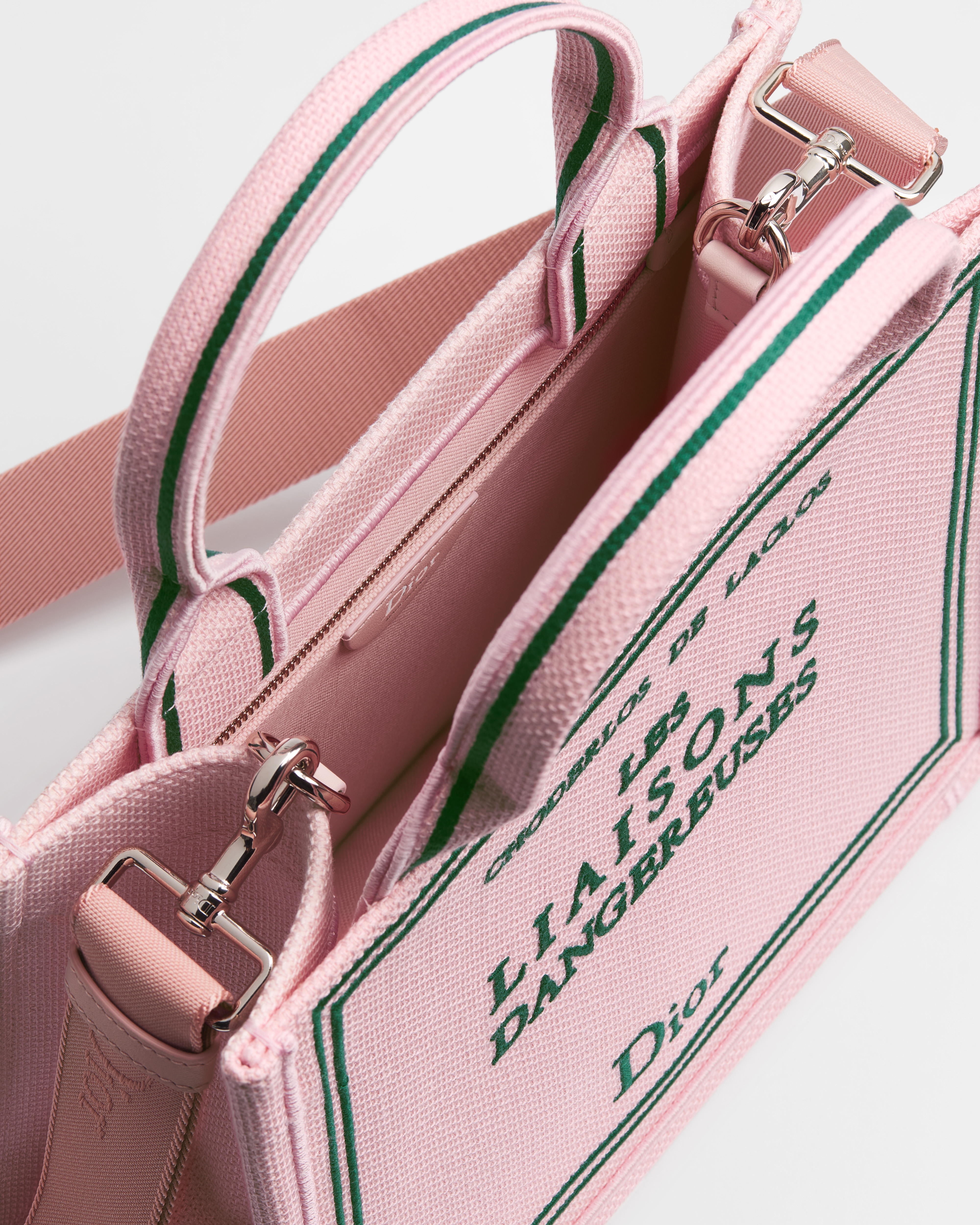 Small Dior Book Tote with Strap Pink and Green Book Cover Embroidery (26.5 x 22 x 14 cm) E06