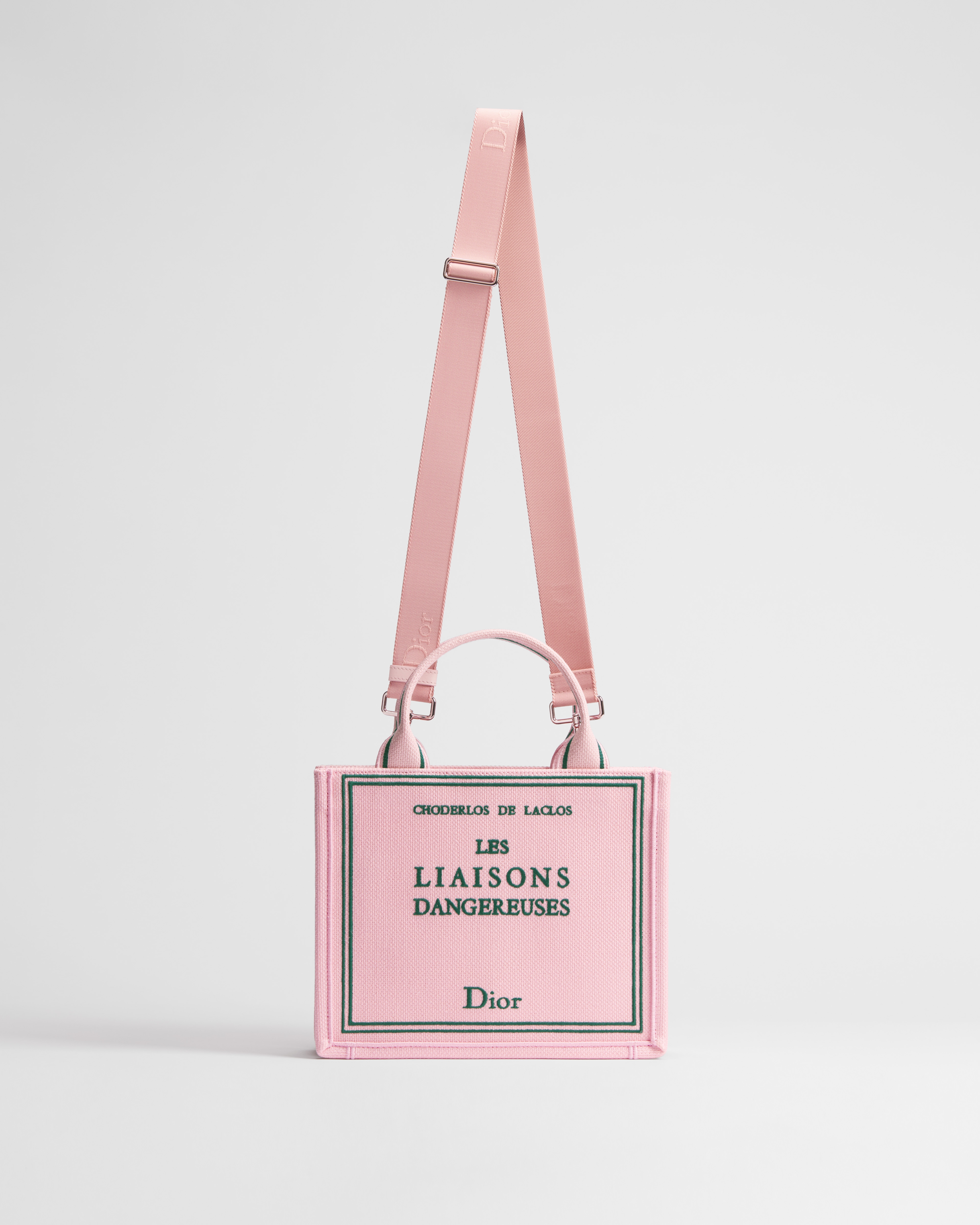 Small Dior Book Tote with Strap Pink and Green Book Cover Embroidery (26.5 x 22 x 14 cm) E07