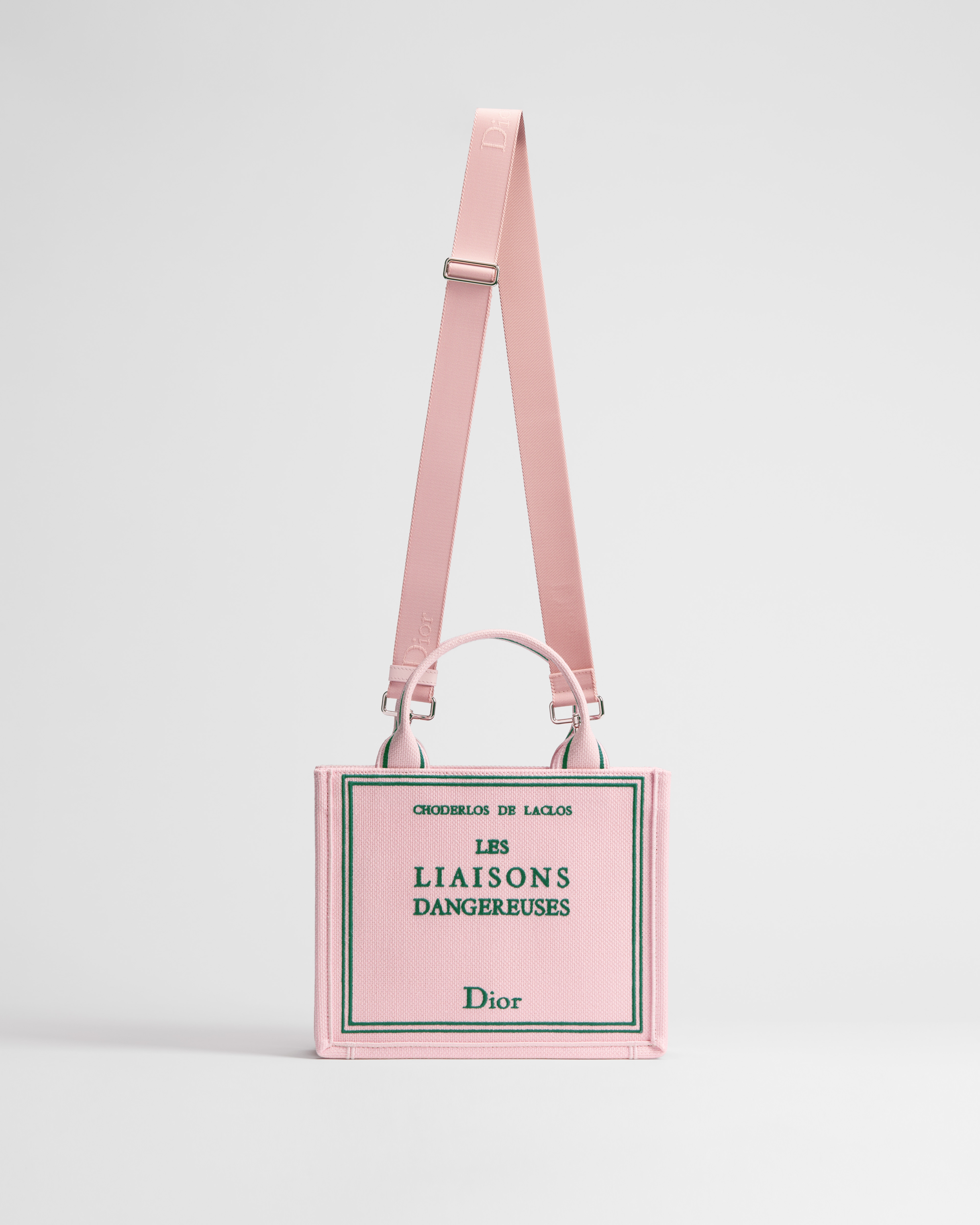 Small Dior Book Tote with Strap Pink and Green Book Cover Embroidery (26.5 x 22 x 14 cm) E07