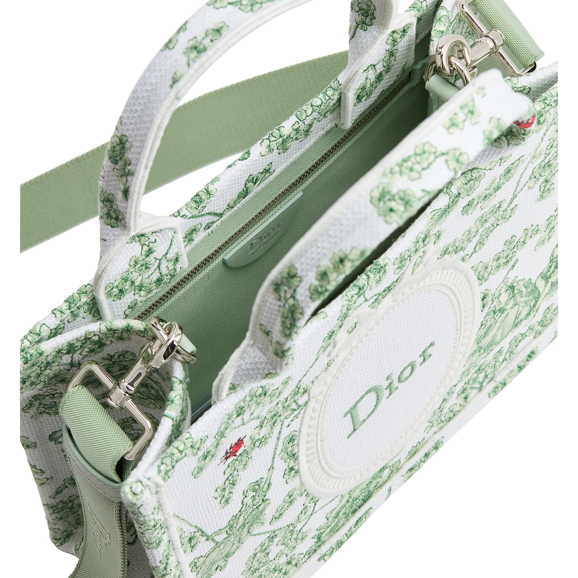 Small Dior Book Tote with Strap Green Multicolor Toile de Jouy Clover Embroidery and White Dior Médaillon (26.5 x 22 x 14 cm) E09