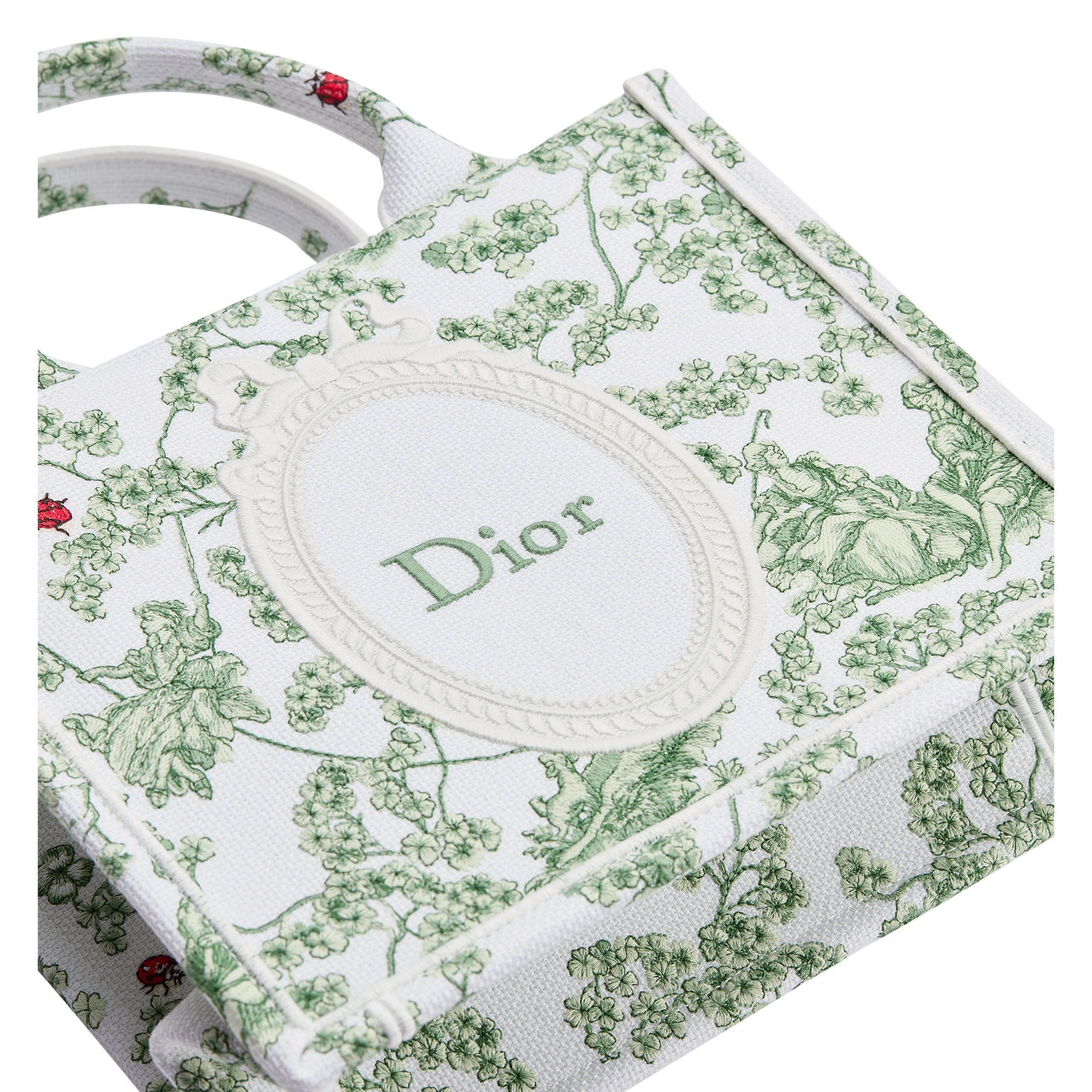 Small Dior Book Tote with Strap Green Multicolor Toile de Jouy Clover Embroidery and White Dior Médaillon (26.5 x 22 x 14 cm) E10