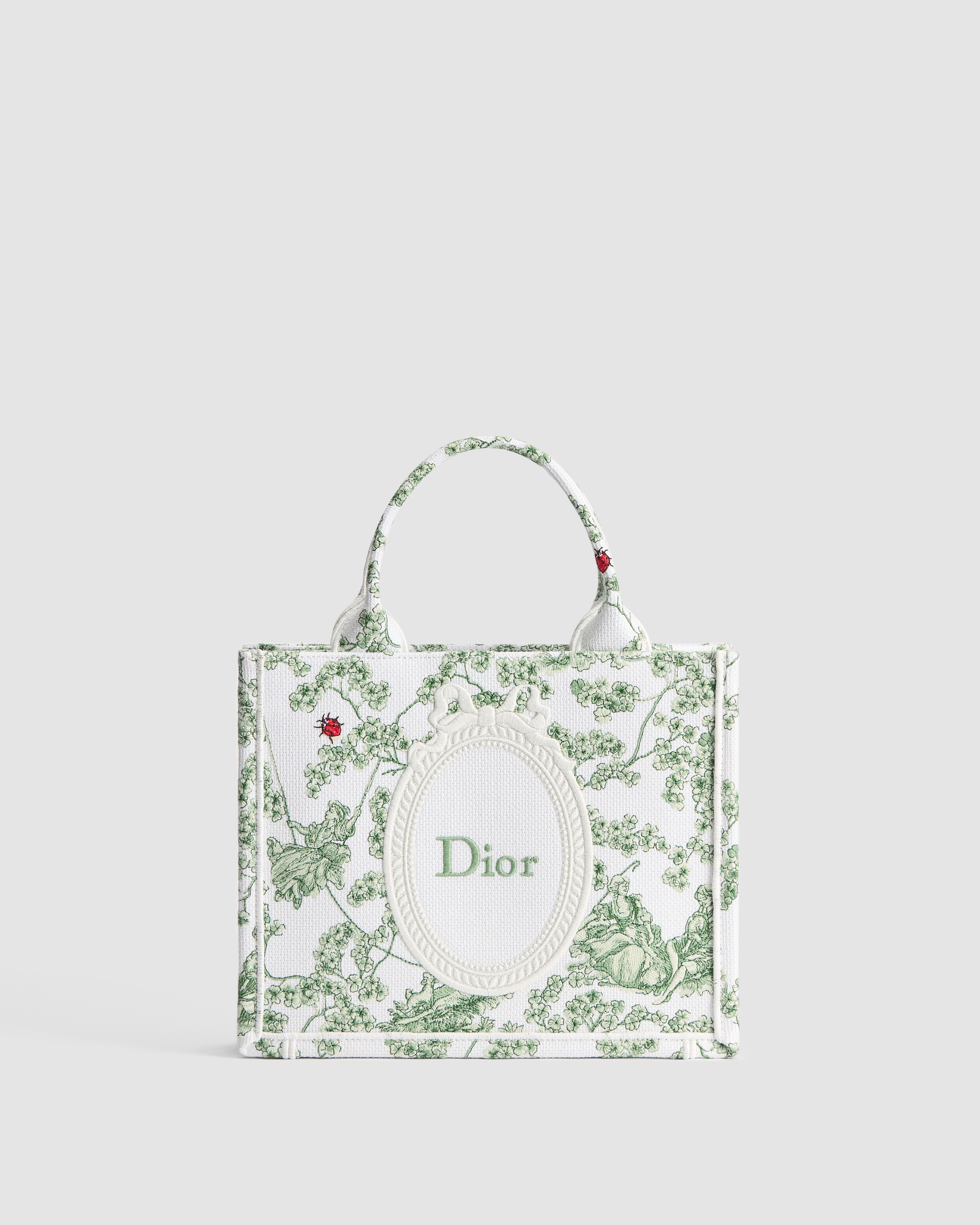 小碼 Dior Book Tote 連肩帶 綠色多色 Toile de Jouy Clover 刺繡和白色 Dior Médaillon（26.5 x 22 x 14 厘米） E01