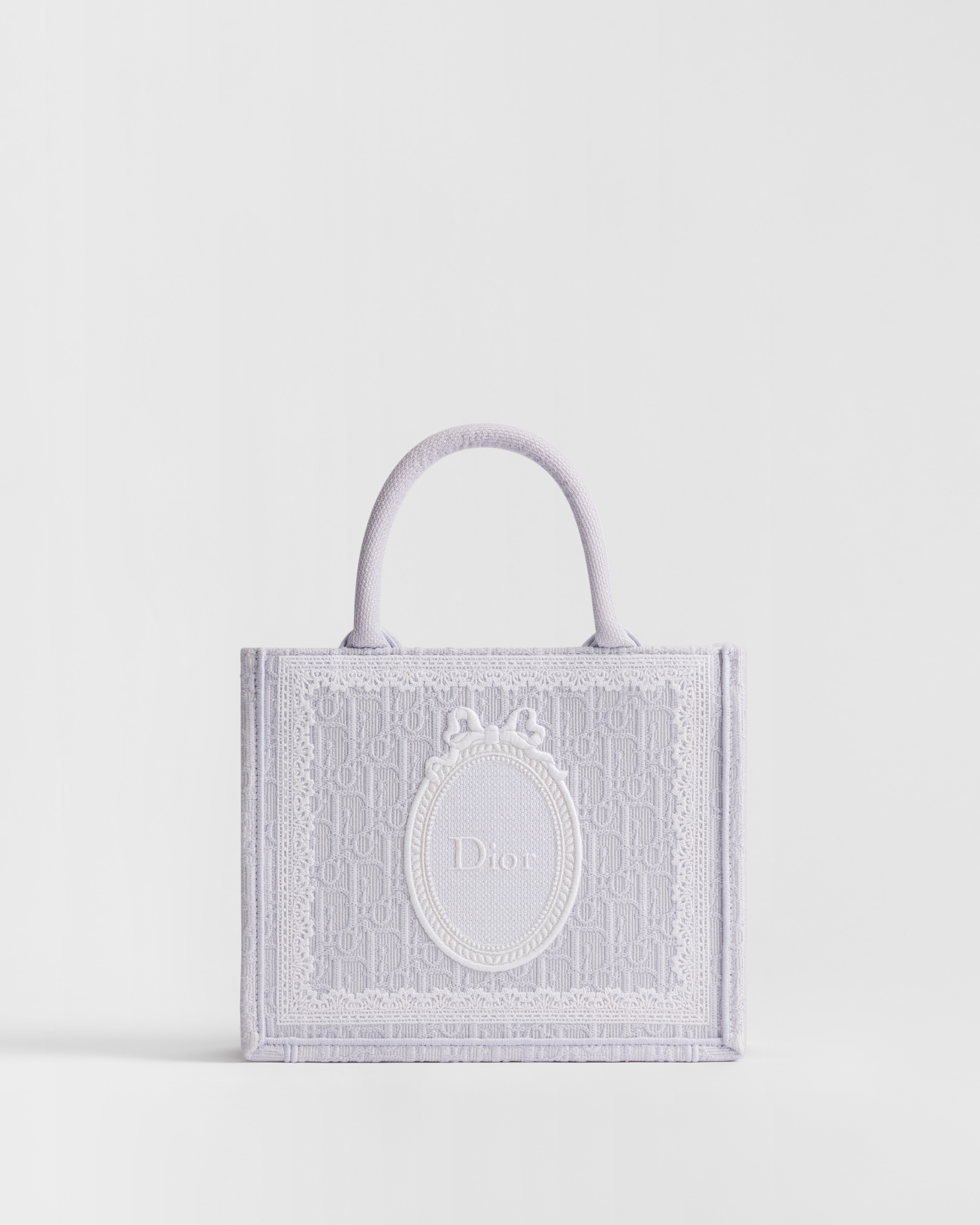 Small Dior Book Tote with Strap Glycine Dior Oblique Embroidery with White Lace and Dior Médaillon (26.5 x 22 x 14 cm) E01