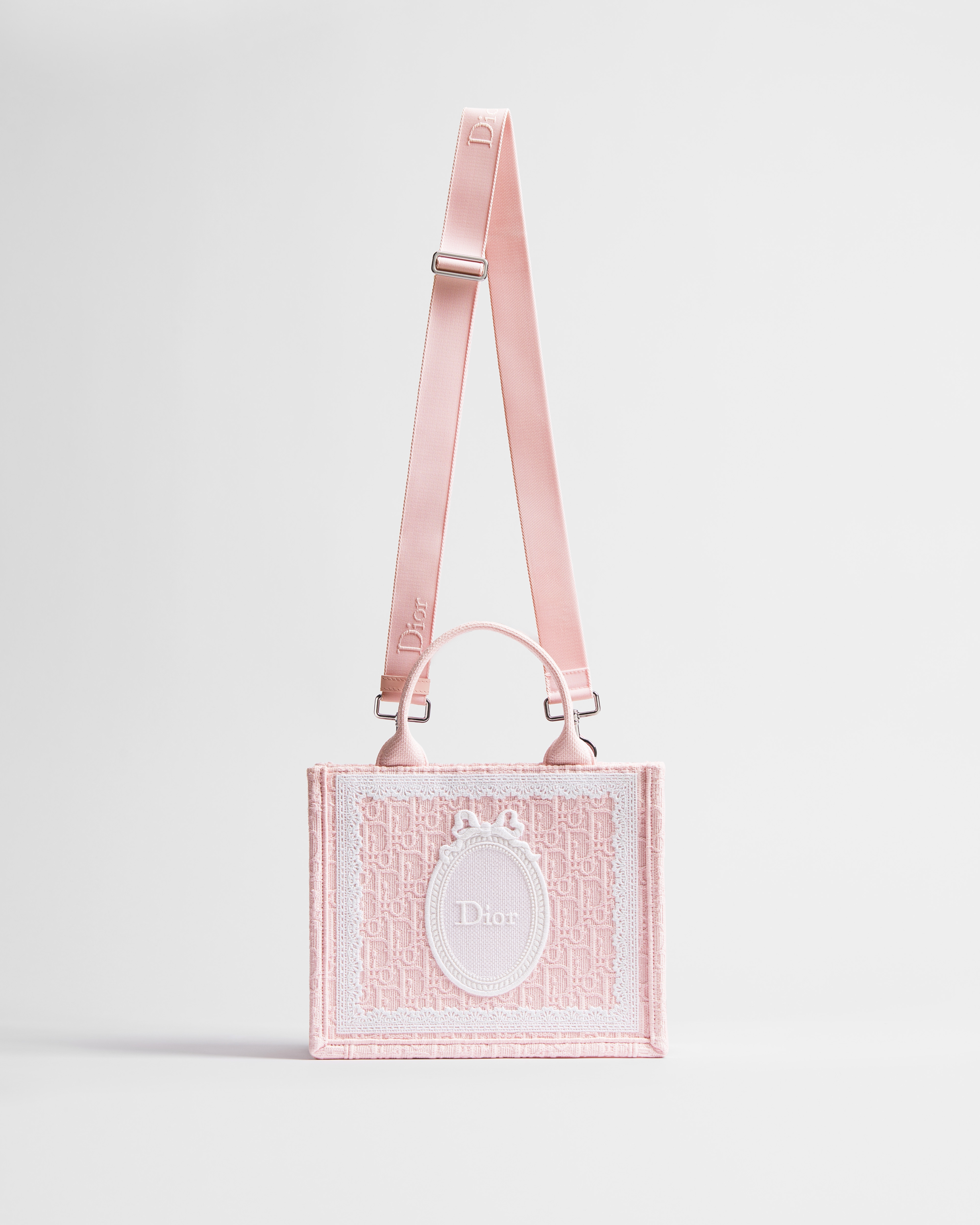 Dioramour Small Dior Book Tote with Strap Rose Soupir Dior Oblique Embroidery with White Lace and Dior Médaillon (26.5 x 22 x 14 cm) E07