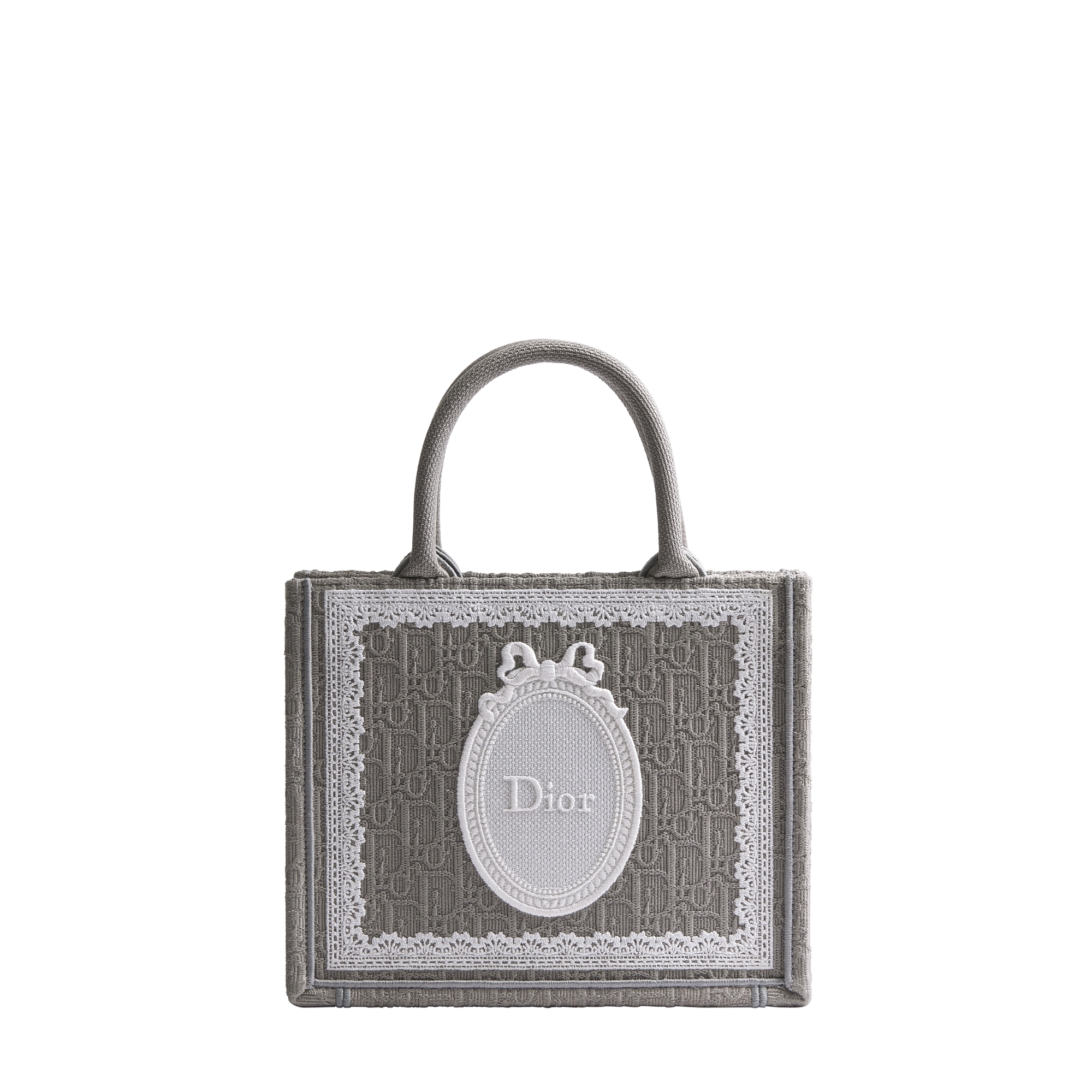  灰色 Dior Oblique 刺繡搭配白色蕾絲和 Dior Médaillon（26.5 x 22 x 14 公分）