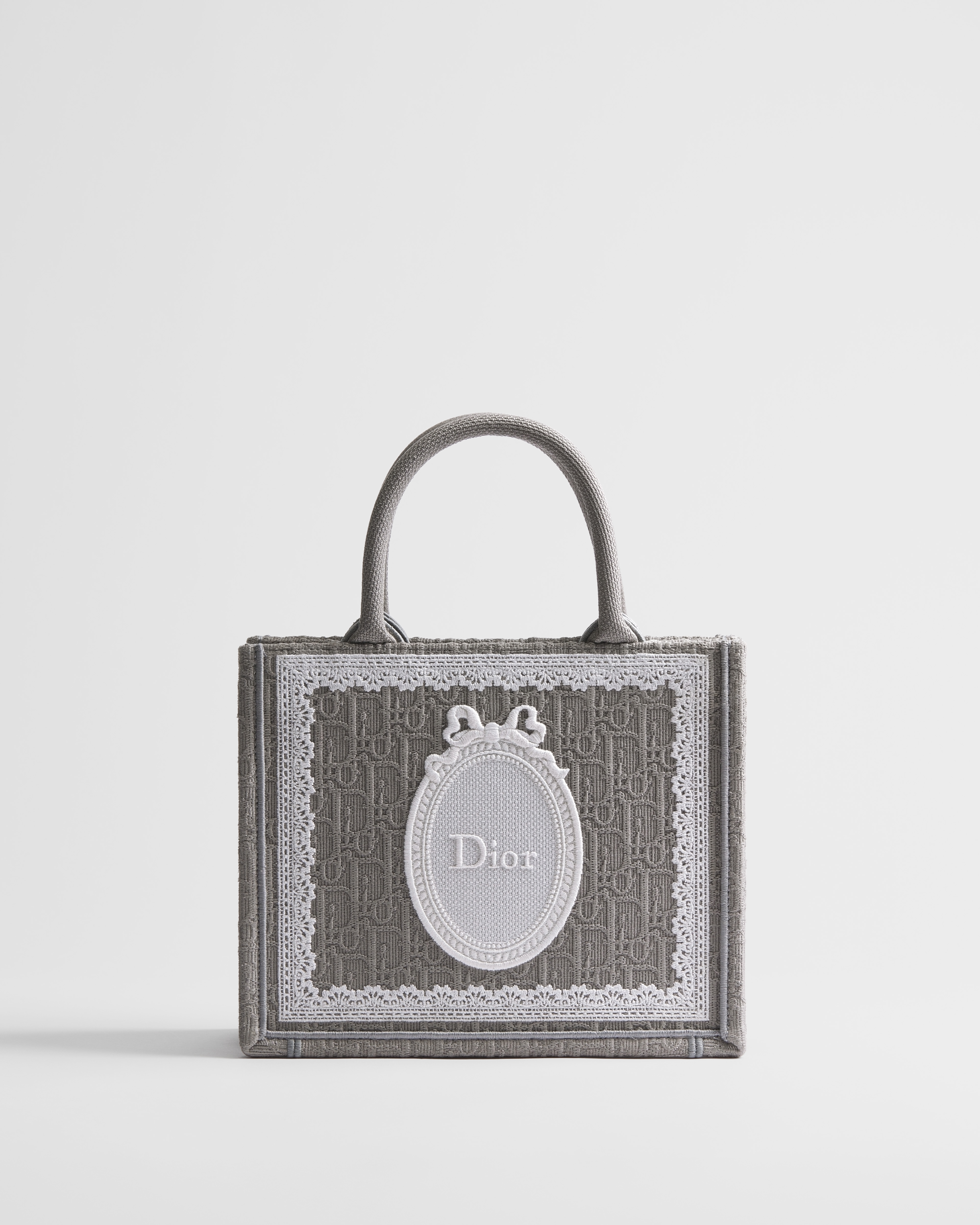 Small Dior Book Tote with Strap Gray Dior Oblique Embroidery with White Lace and Dior Médaillon (26.5 x 22 x 14 cm) E01