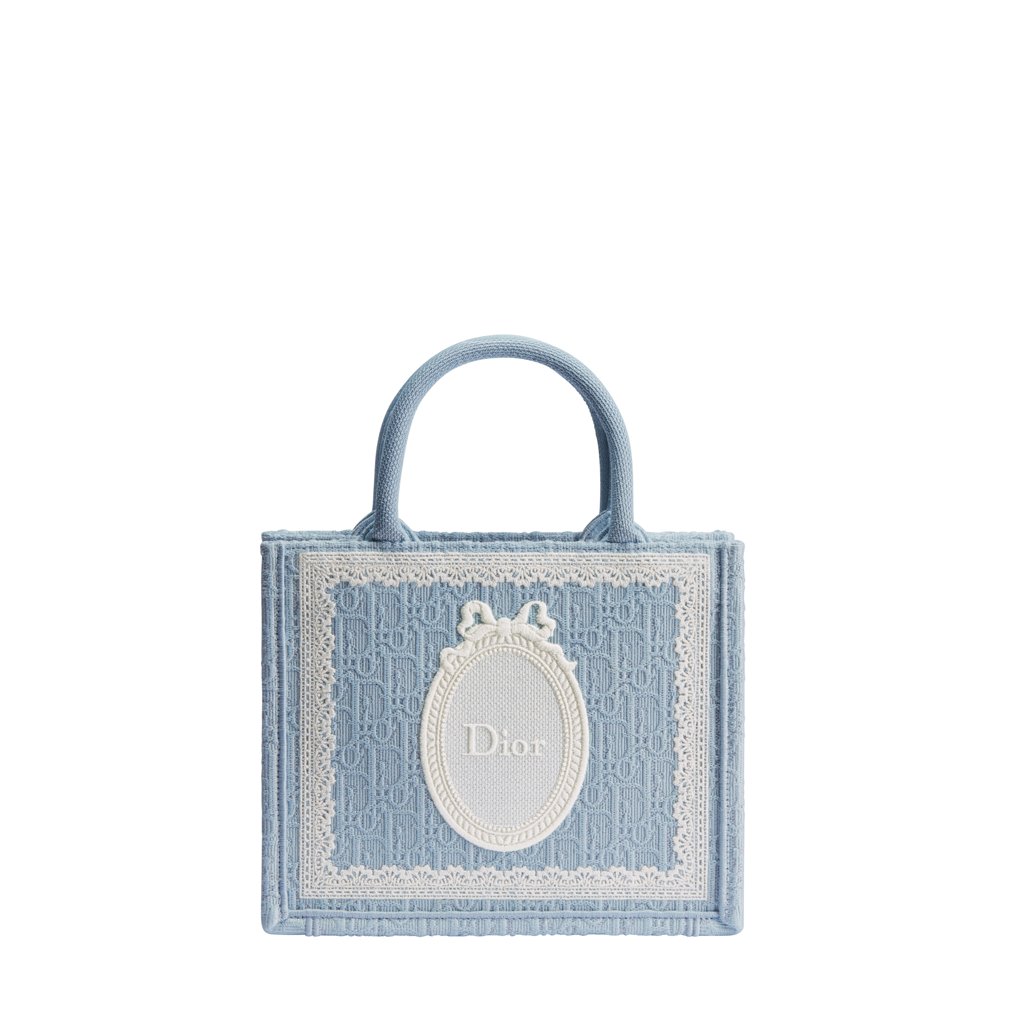  Bordado Dior Oblique azul celeste con encaje y Dior Médaillon blanco (26,5 x 22 x 14 cm)