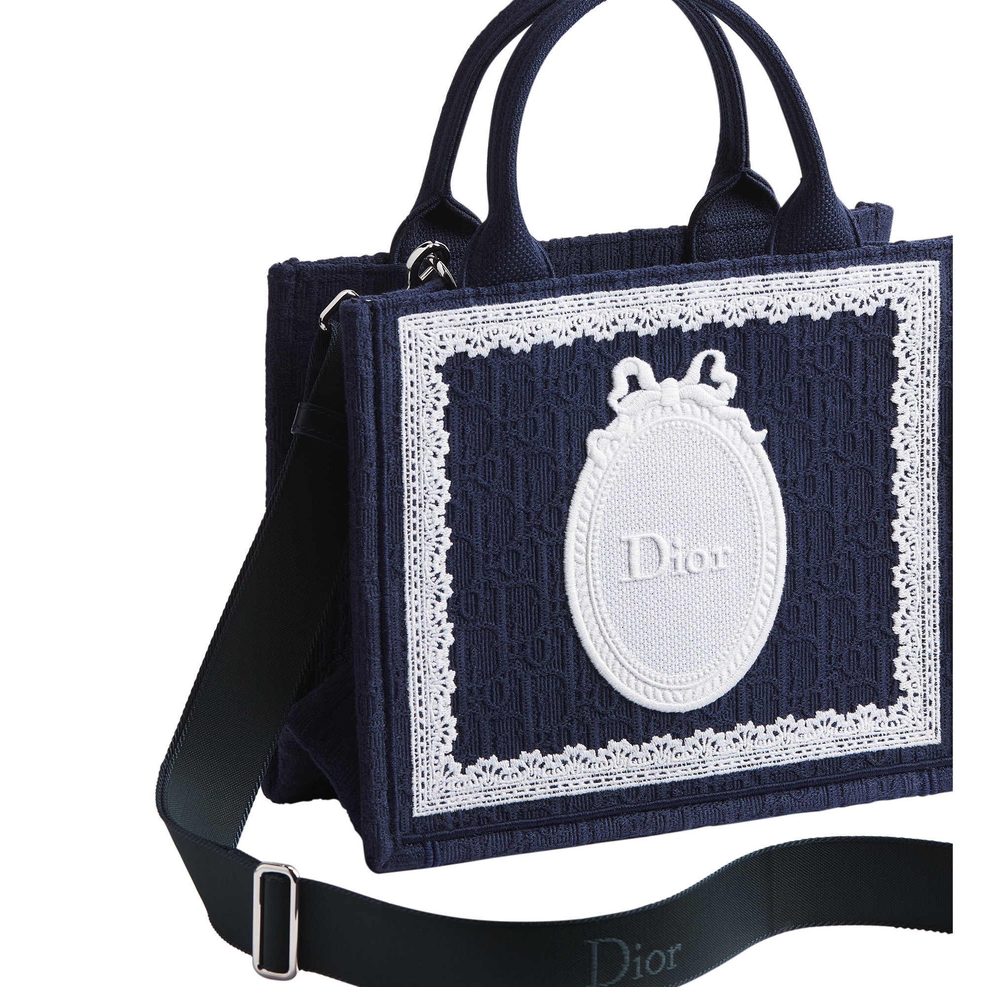 Small Dior Book Tote with Strap Blue Dior Oblique Embroidery with White Lace and Dior Médaillon (26.5 x 22 x 14 cm) E03