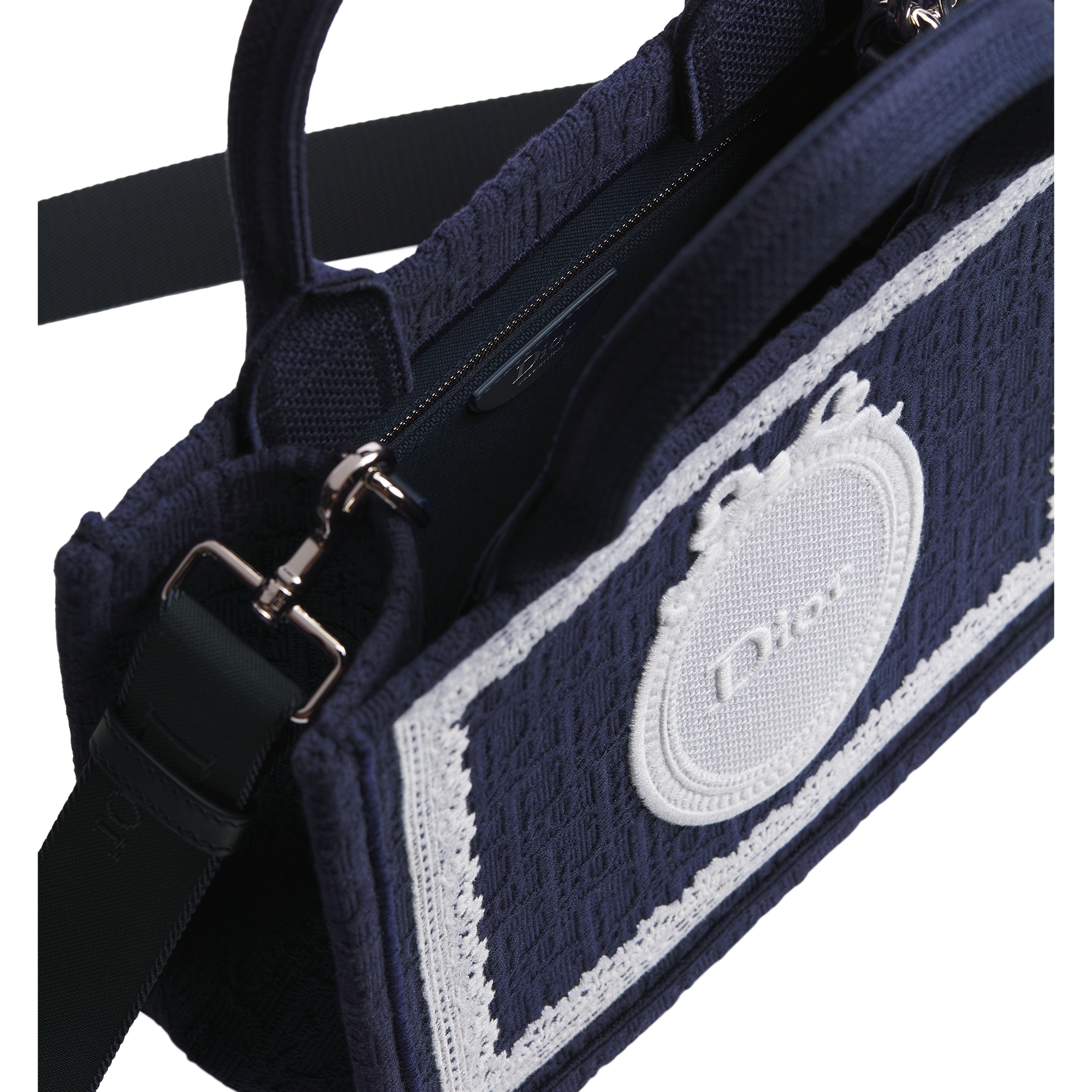 Small Dior Book Tote with Strap Blue Dior Oblique Embroidery with White Lace and Dior Médaillon (26.5 x 22 x 14 cm) E06