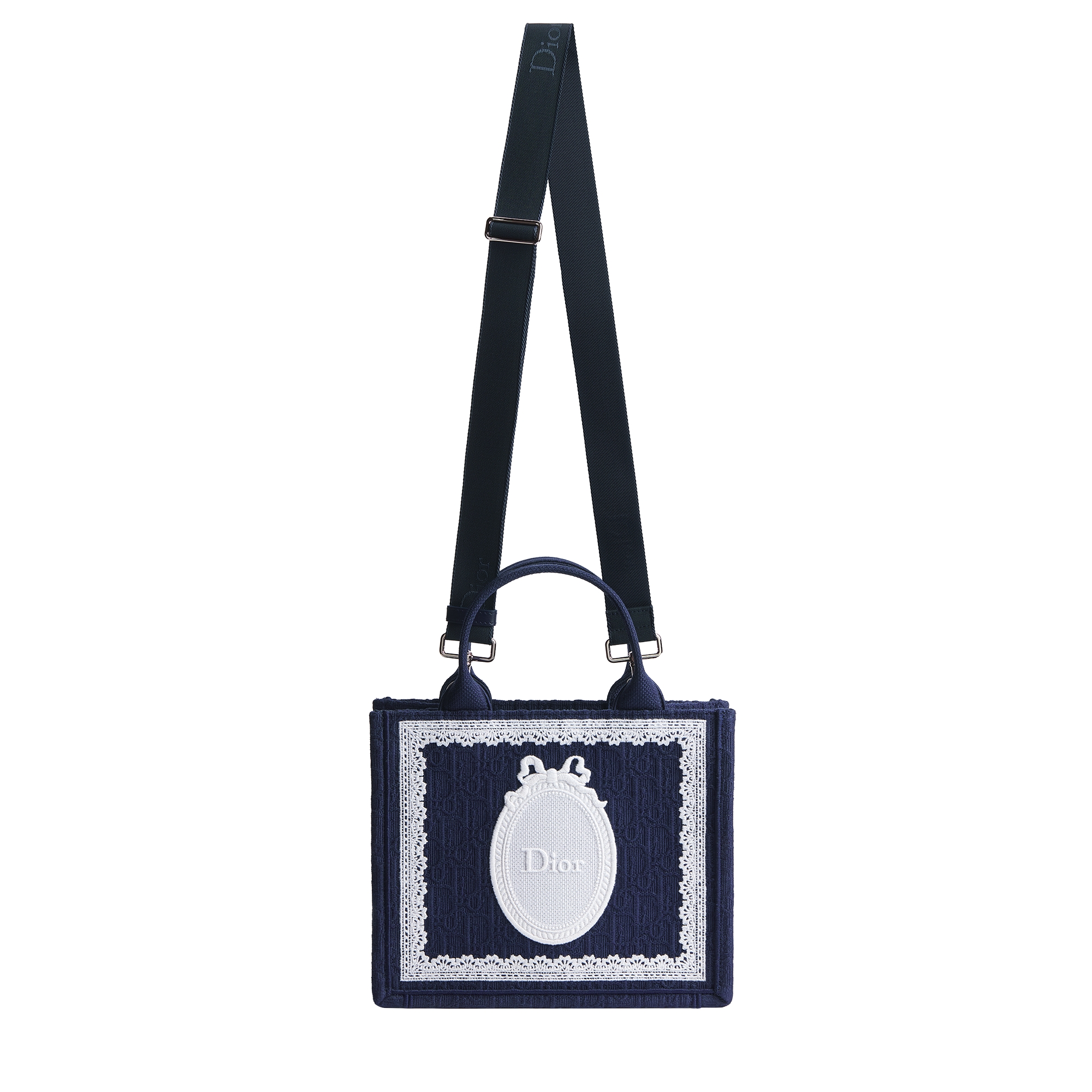 Small Dior Book Tote with Strap Blue Dior Oblique Embroidery with White Lace and Dior Médaillon (26.5 x 22 x 14 cm) E07