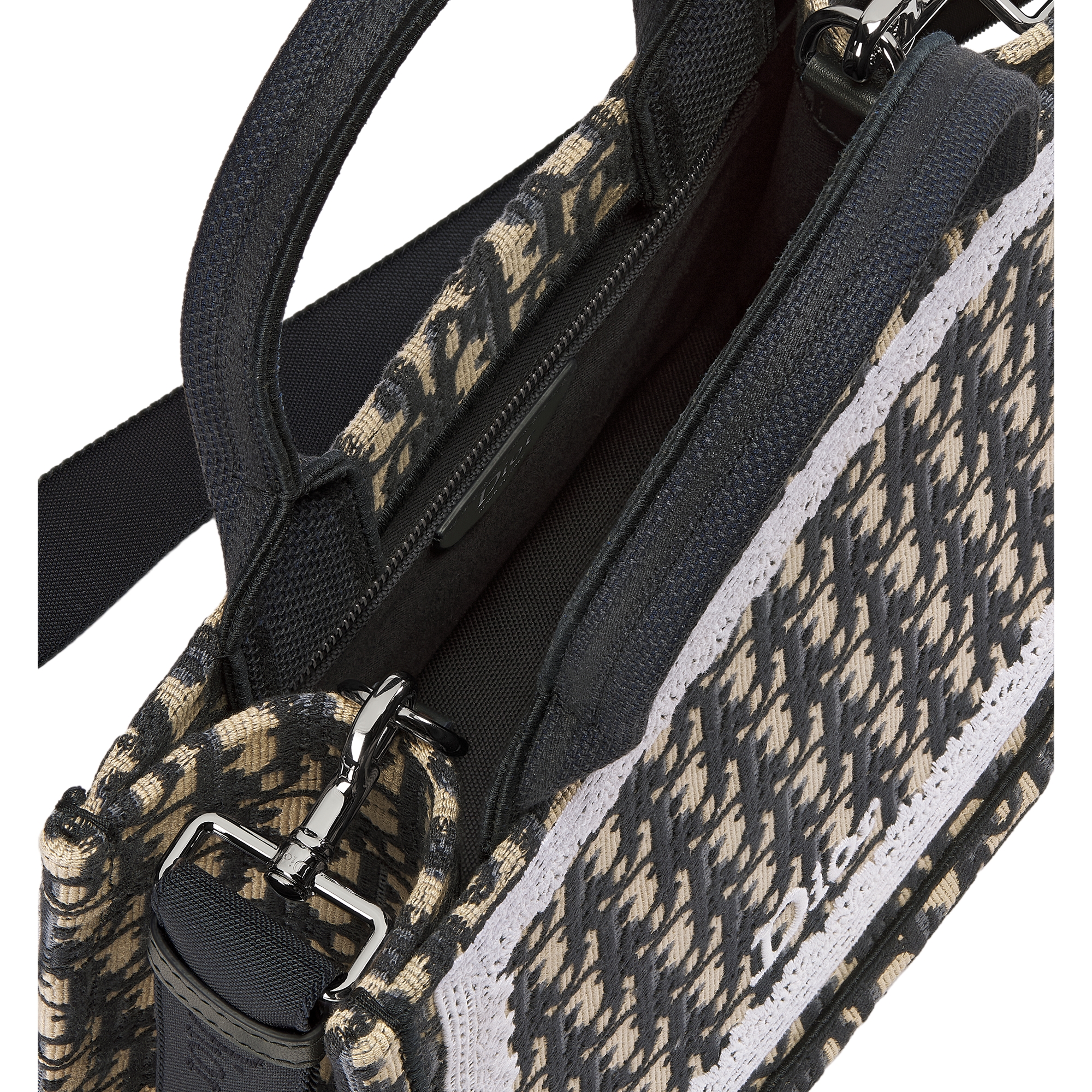 Small Dior Book Tote with Strap Blue Dior Oblique Embroidery and White Lace (26.5 x 22 x 14 cm) E06